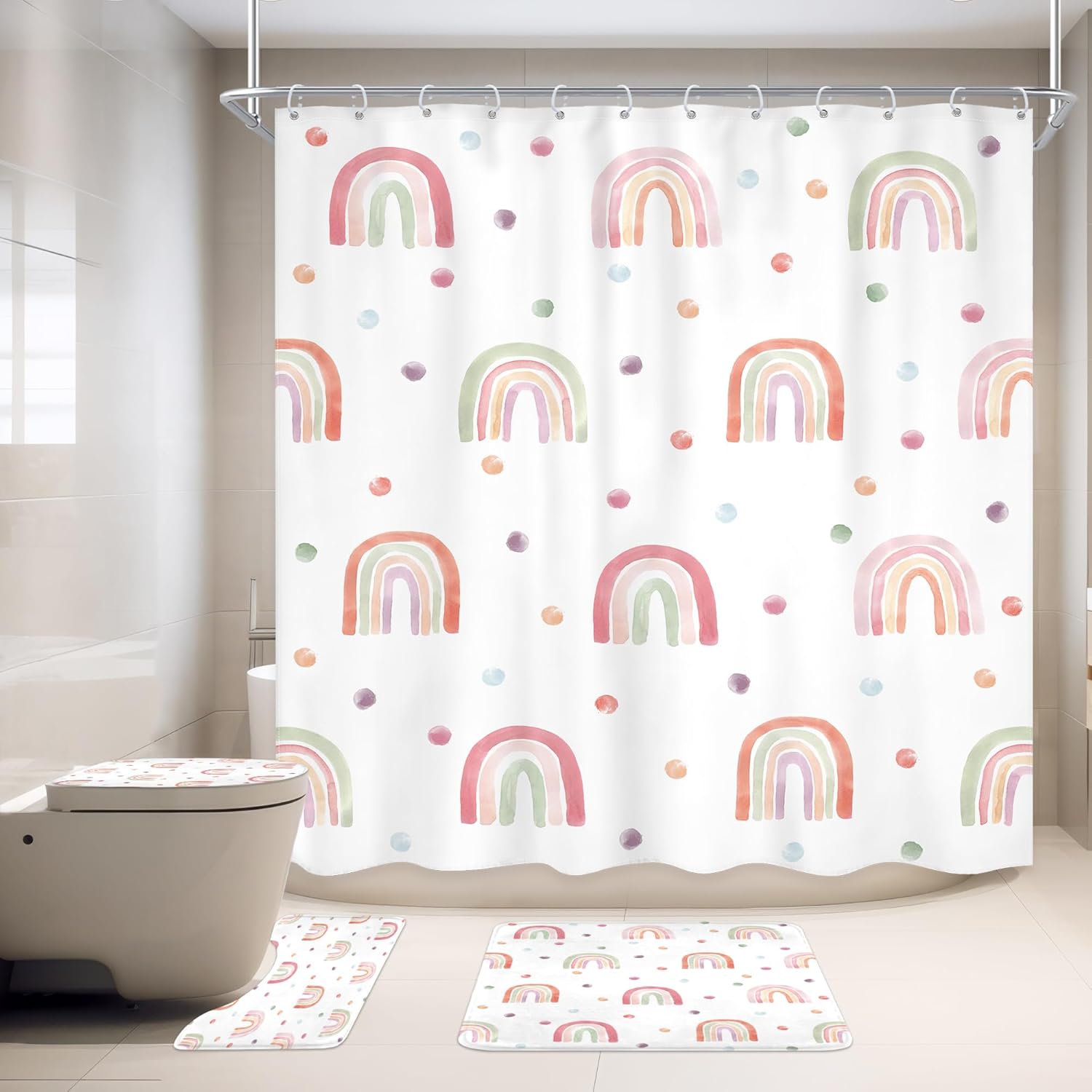 Ufeela 4PCS Rainbow Kids Girls Shower Curtain Set