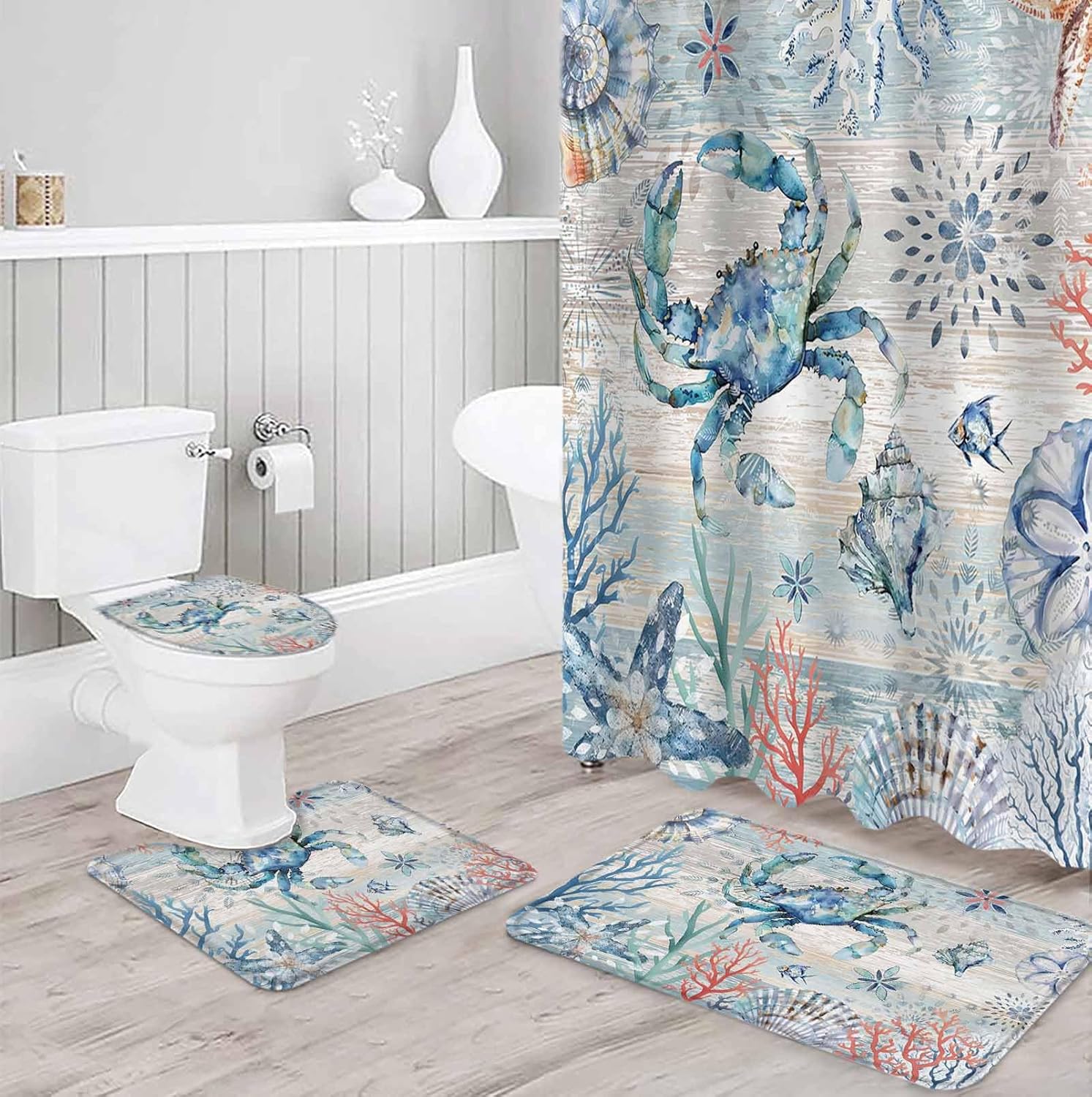 ZOE GARDEN Retro Blue Bathroom Set with Curtain Rug and Hooks
