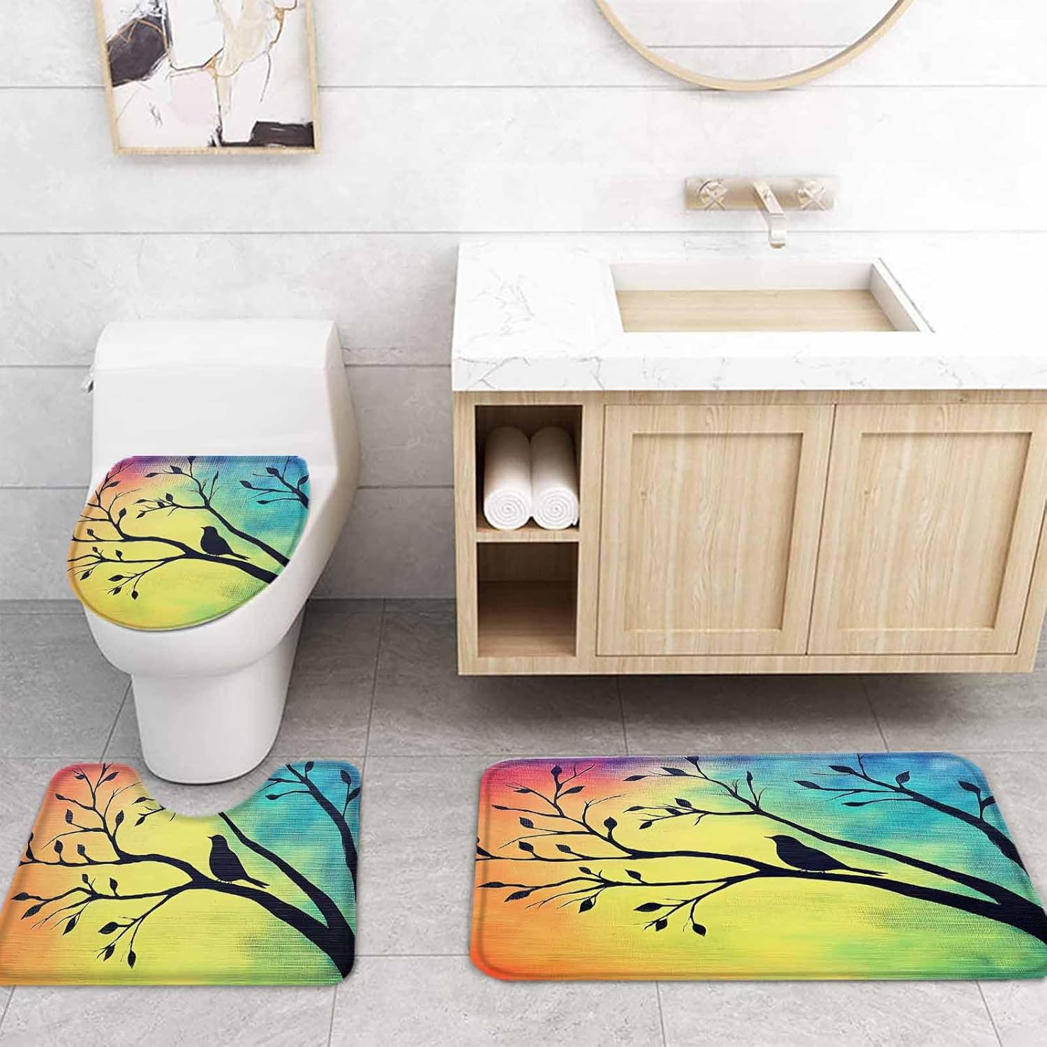 ZOE GARDEN Blue Bird Bathroom Set with Shower Curtain and Rug