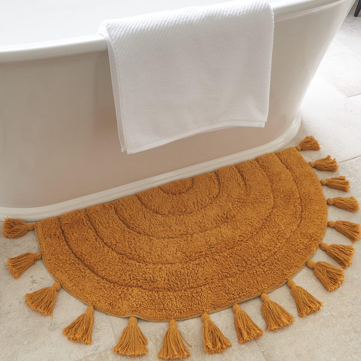 KIBAGA Boho Bath Mat Mustard Tassels Non-Slip