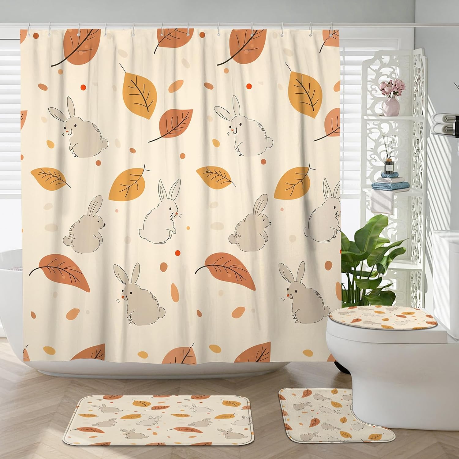 4PCS Fall Cartoon Rabbit Bathroom Set with Non-Slip Rug and Toilet Cover