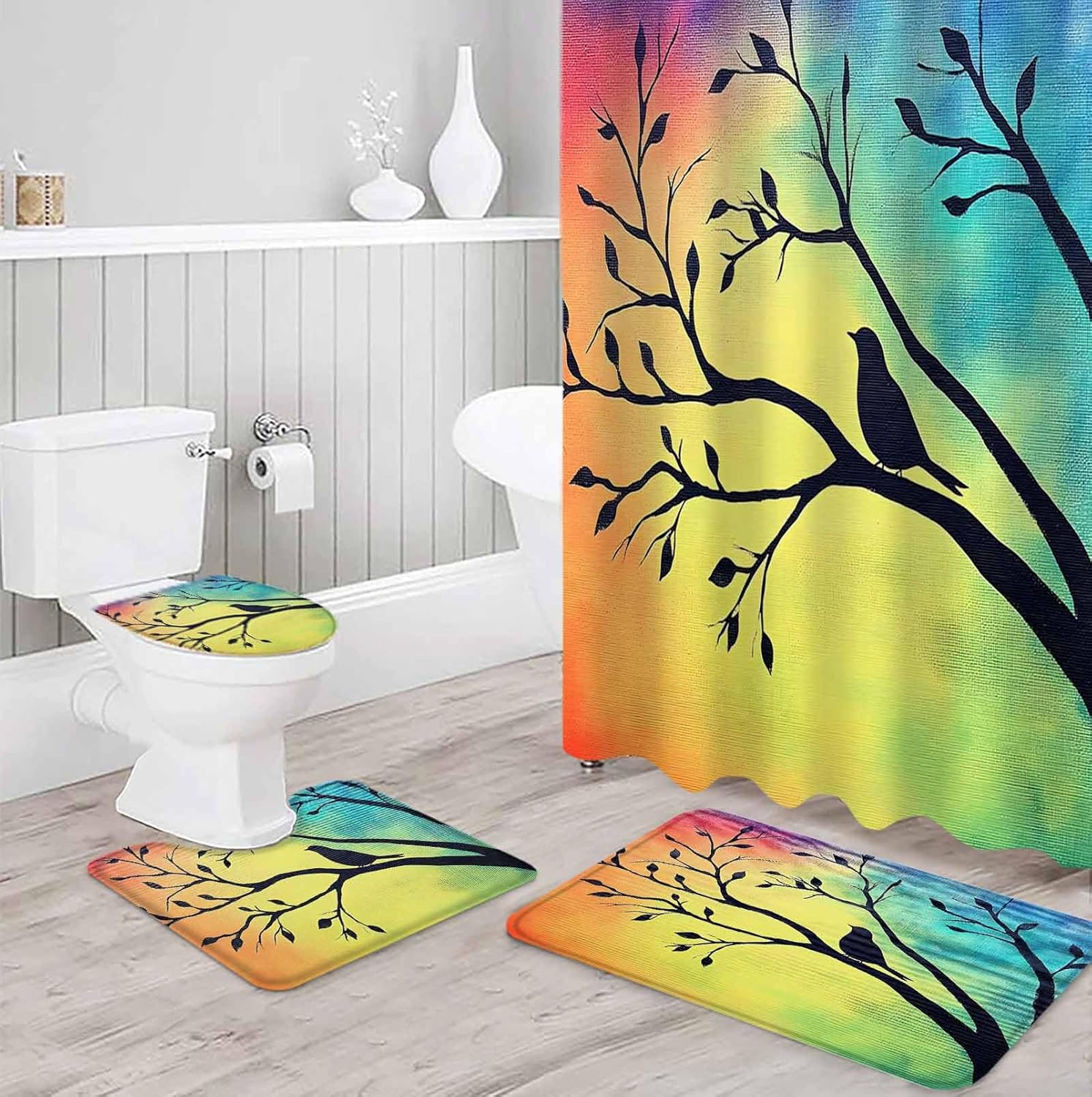ZOE GARDEN Blue Bird Bathroom Set with Shower Curtain and Rug