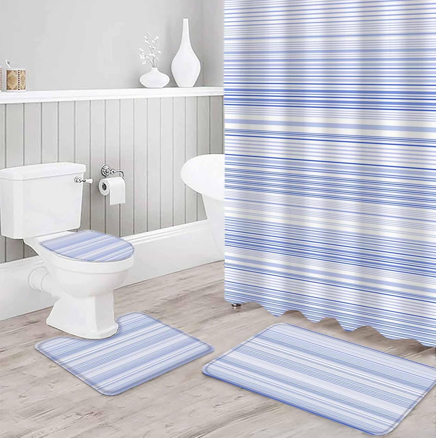 ZOE GARDEN Blue Pinstripe Bathroom Set with Curtain Rug and 12 Hooks