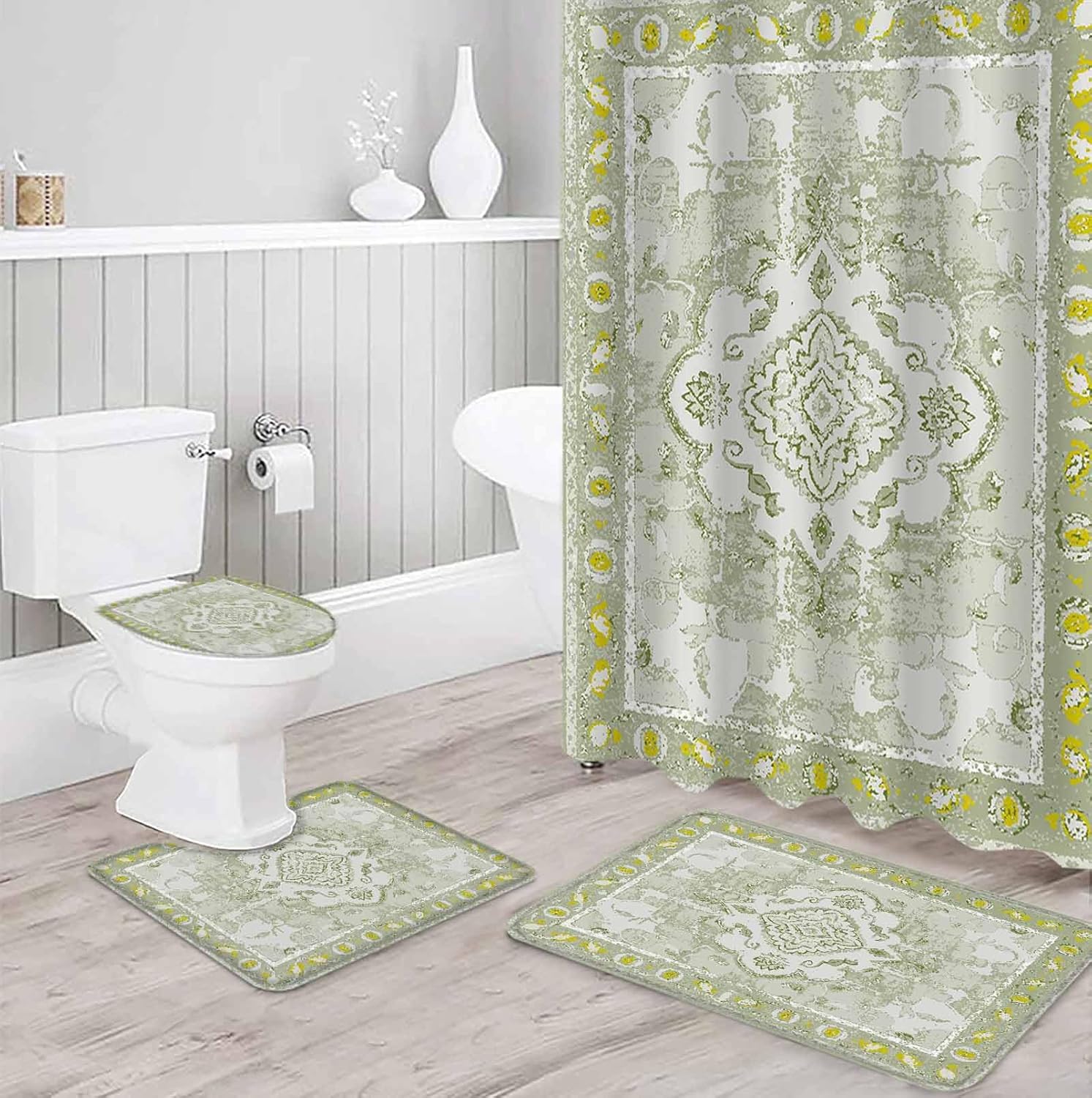ZOE GARDEN Sage Green Bathroom Set with Curtain Rug and Accessories
