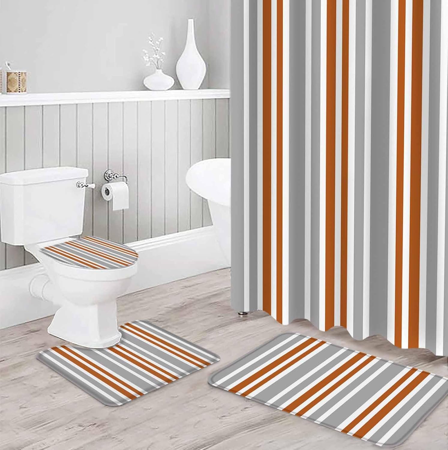 ZOE GARDEN Orange Striped Bathroom Set with Curtain and Rug