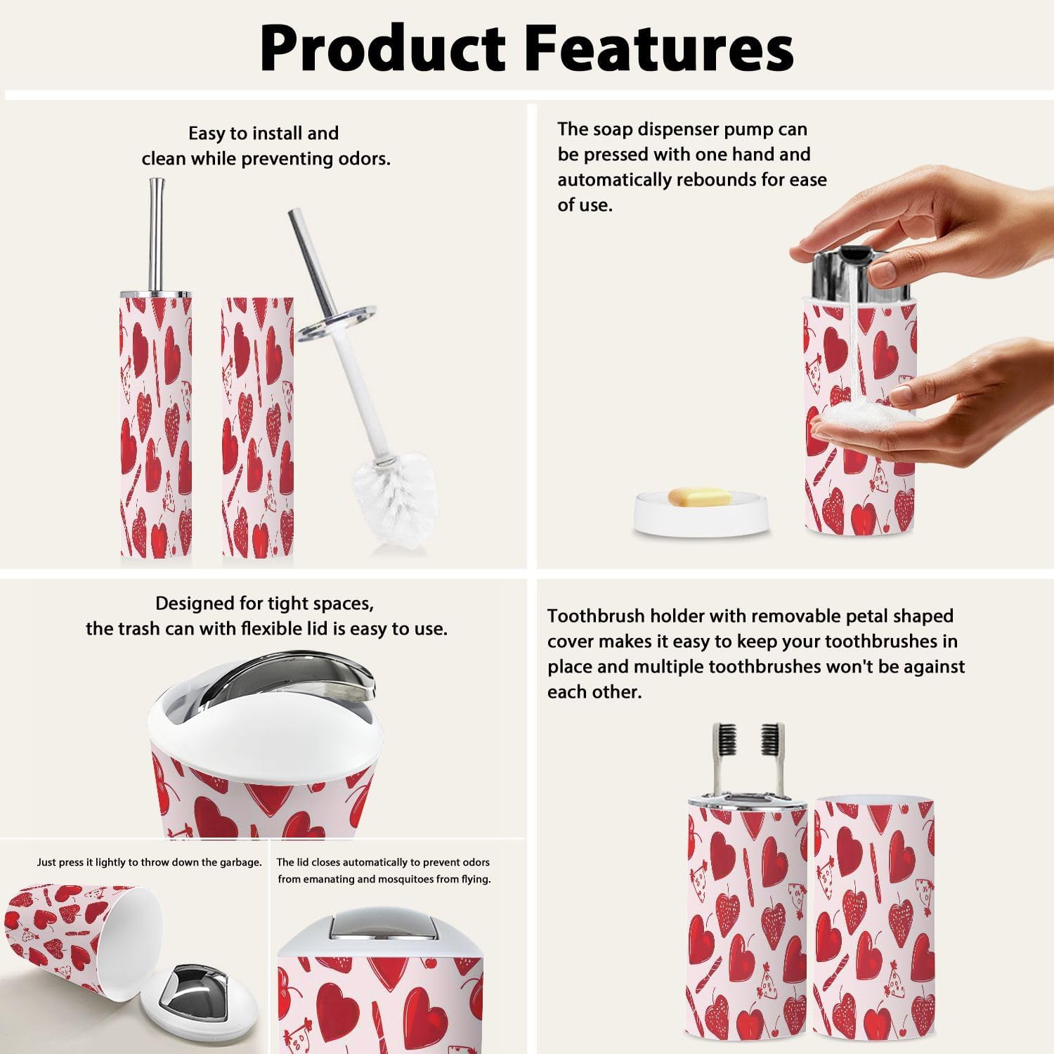 TRANQDEHOM 6 Piece Boho Valentine Bathroom Accessory Set
