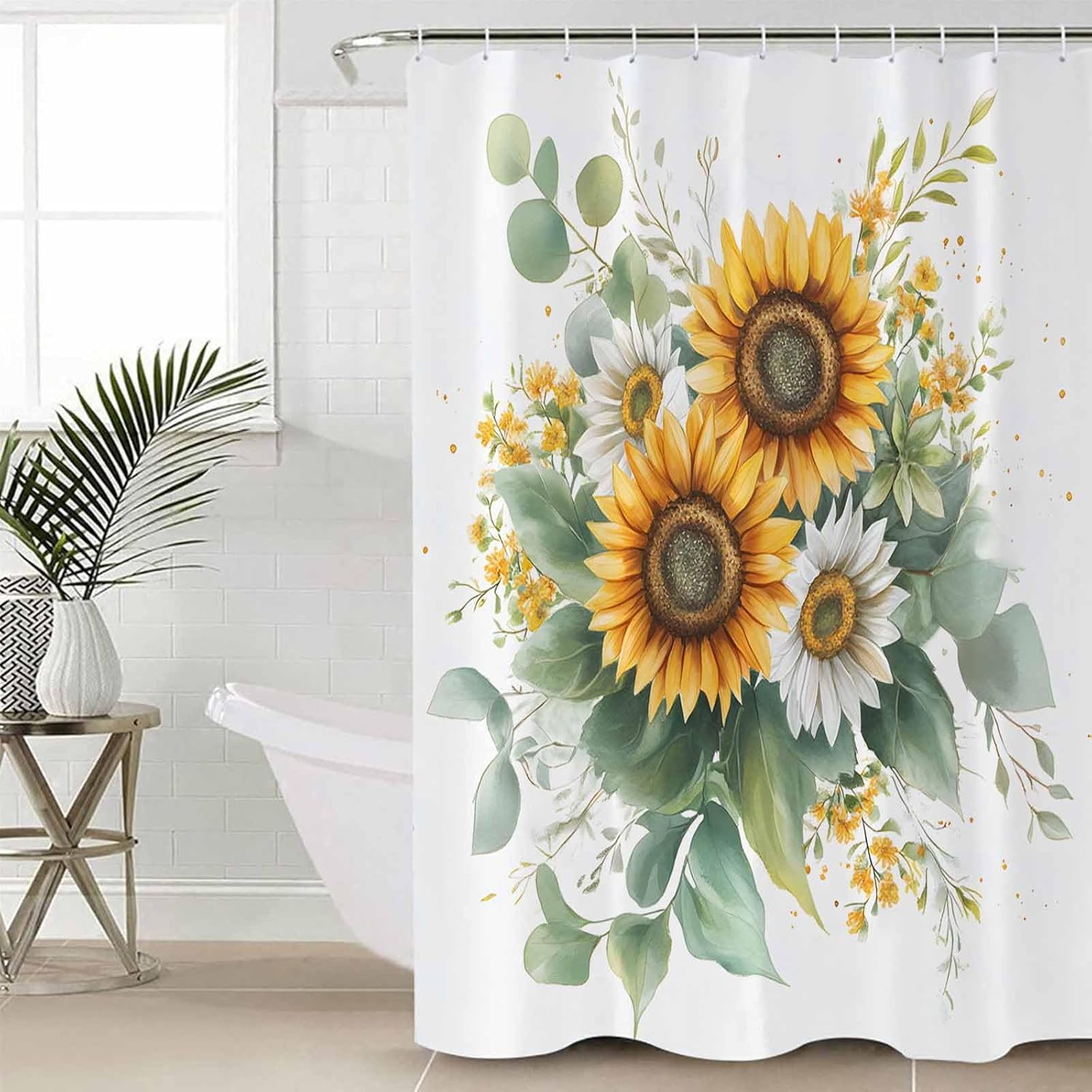 ZOE GARDEN Sunflower Bathroom Set with Curtain Rug and Hooks - 66x72 Inches