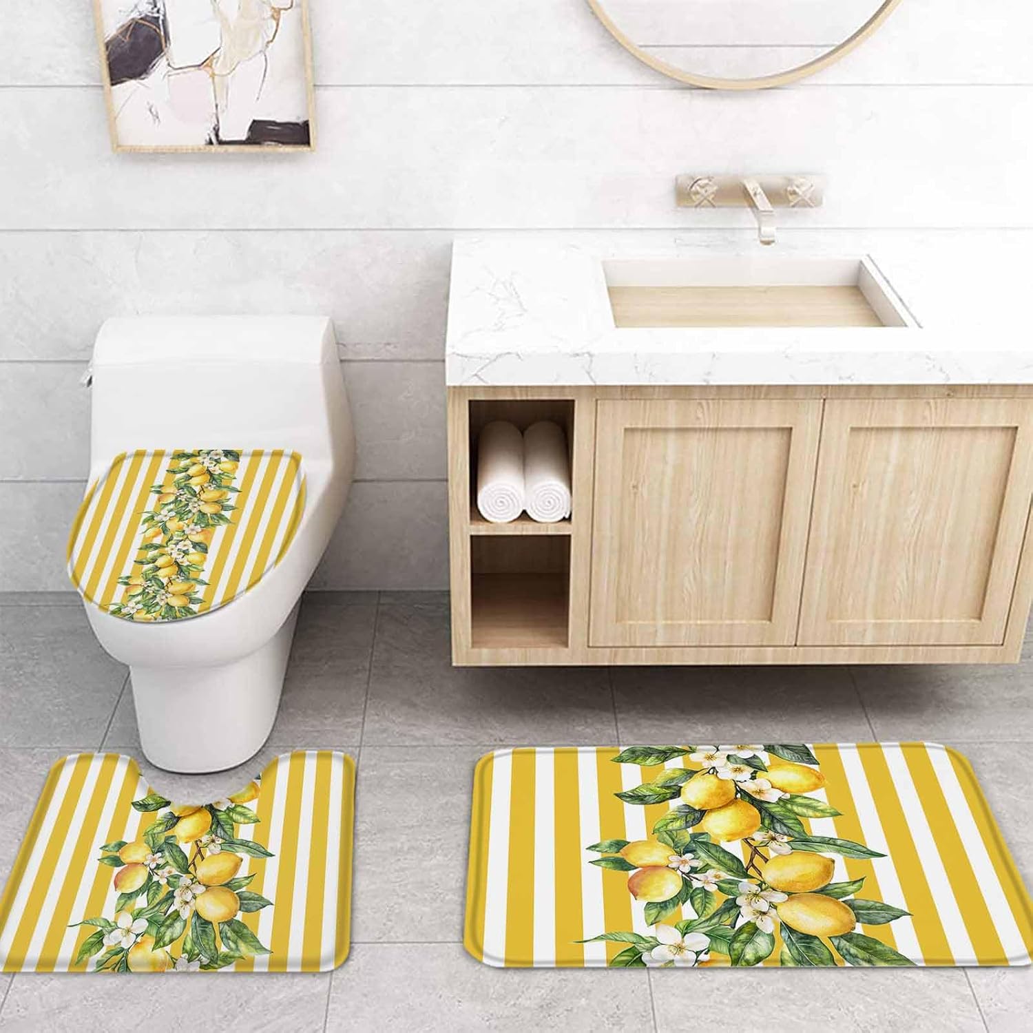 Yellow Lemon Bathroom Set with Shower Curtain Rug and Accessories 1