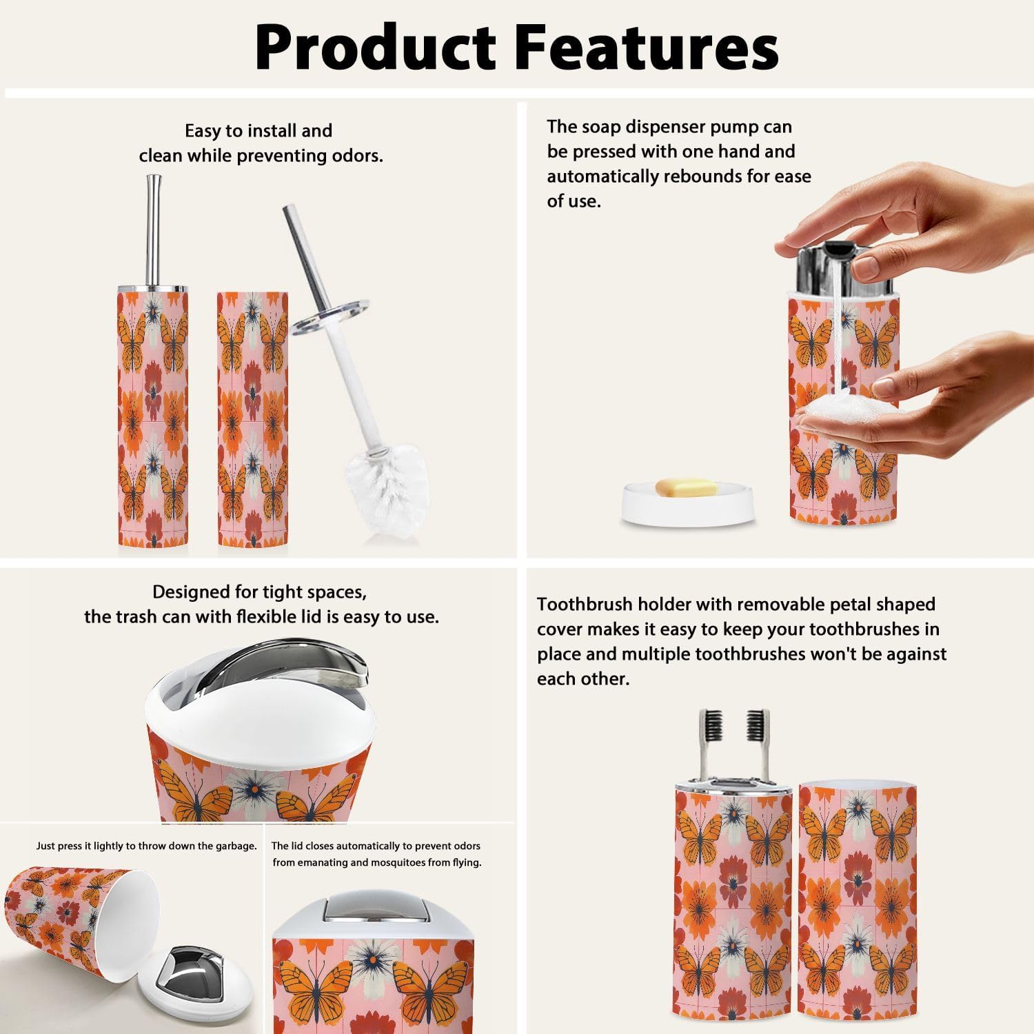 Boho Cute Retro 6-Piece Bathroom Accessory Set