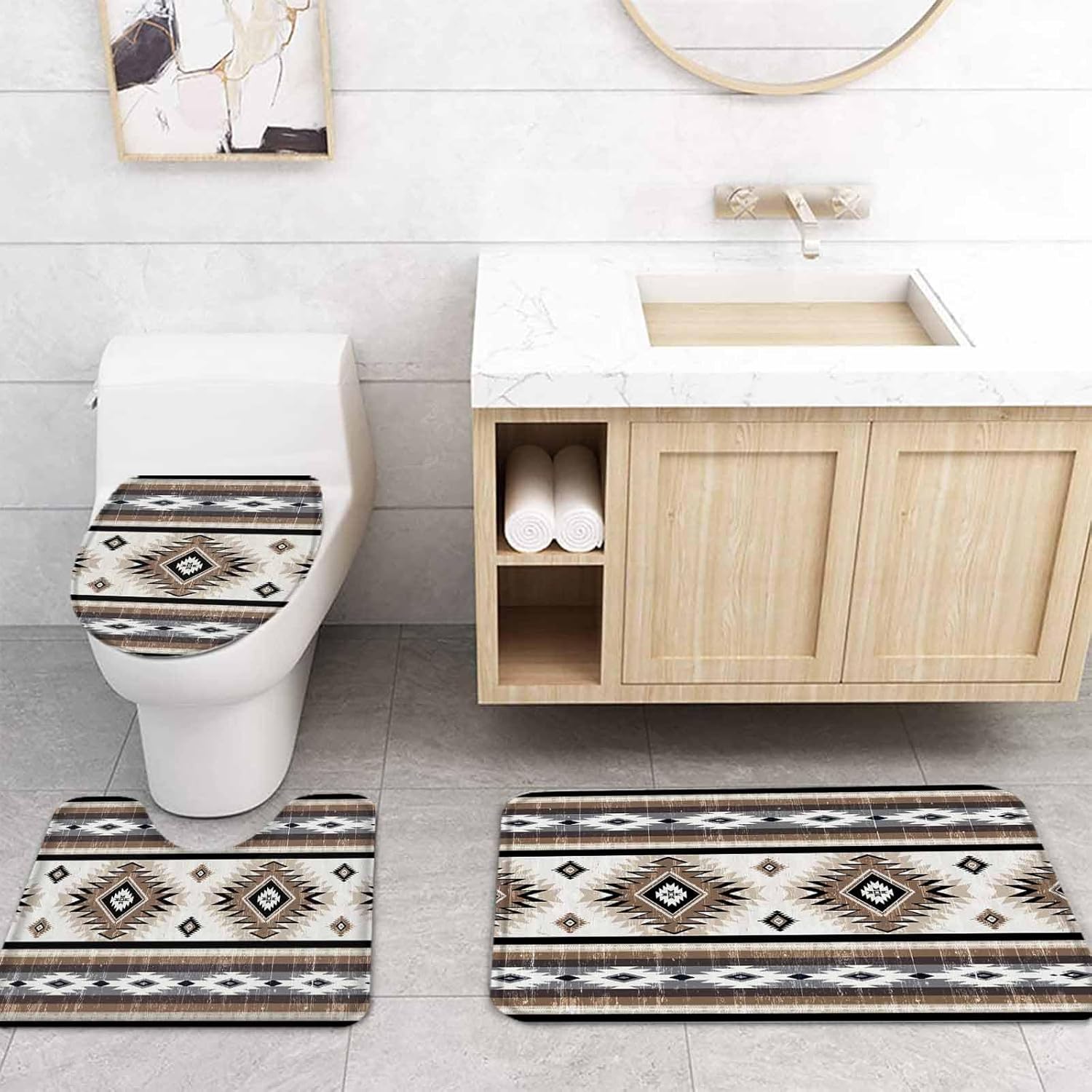 Brown Southwest Bathroom Set with Shower Curtain and Rug