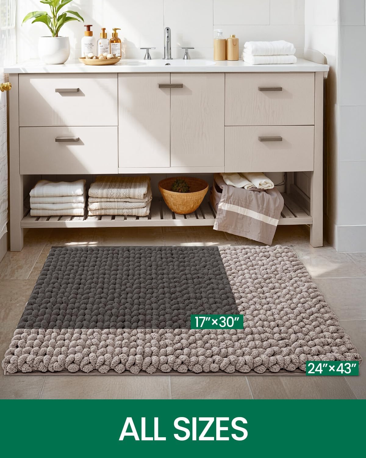 LUMI Luxury Bathroom Rug 17x30 Inch Non-Slip Quick Dry Chenille Mat