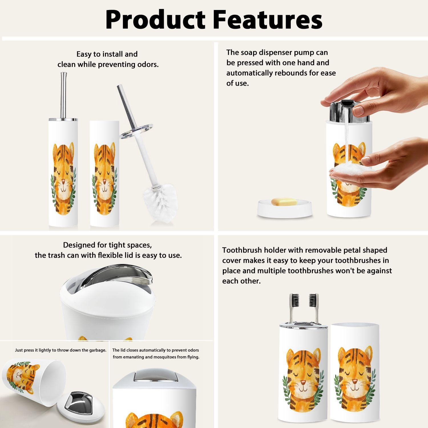Boho Tiger Bathroom Accessory Set of 6