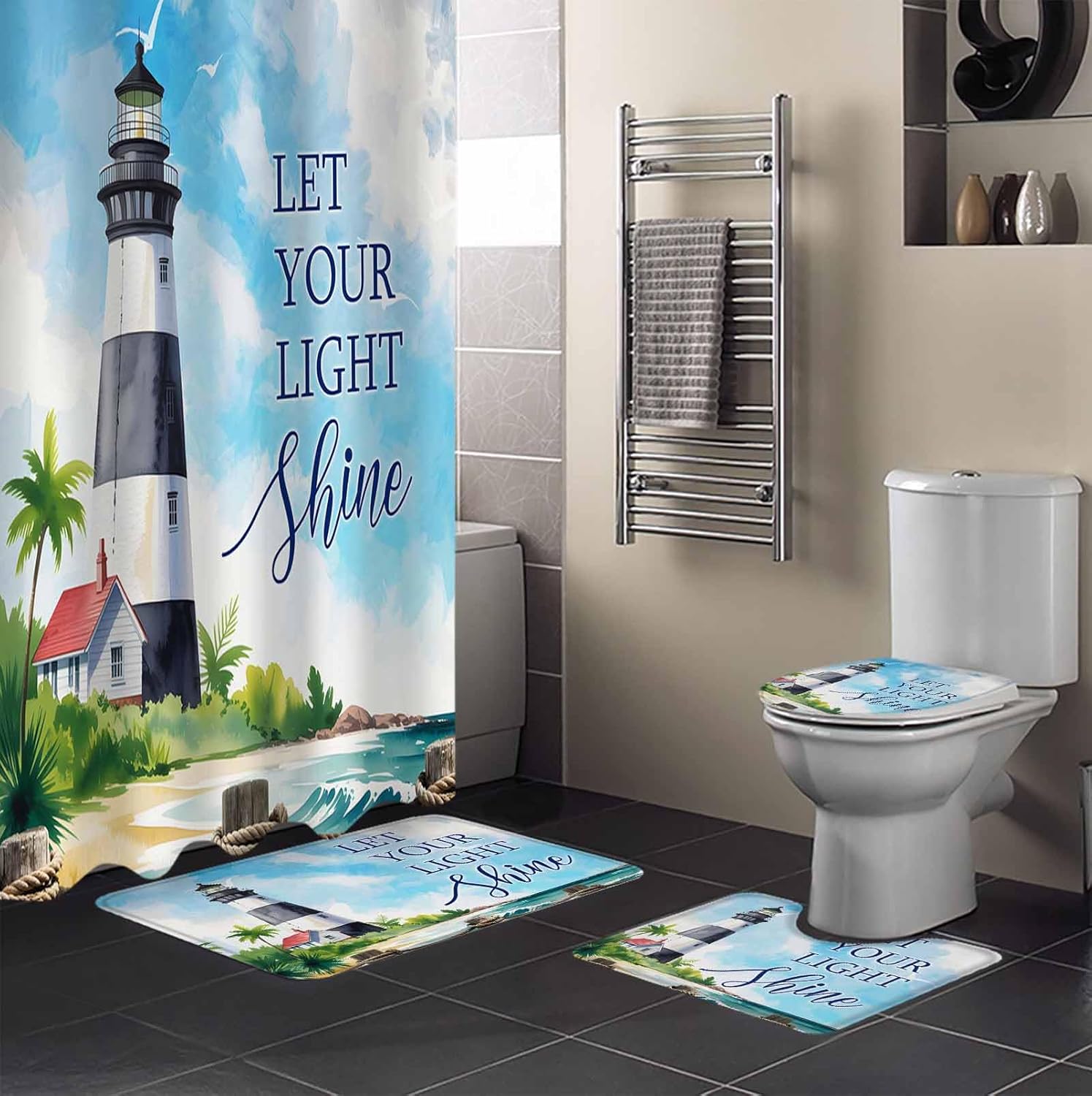 ZOE GARDEN Lighthouse Bathroom Set with Curtain and Rug
