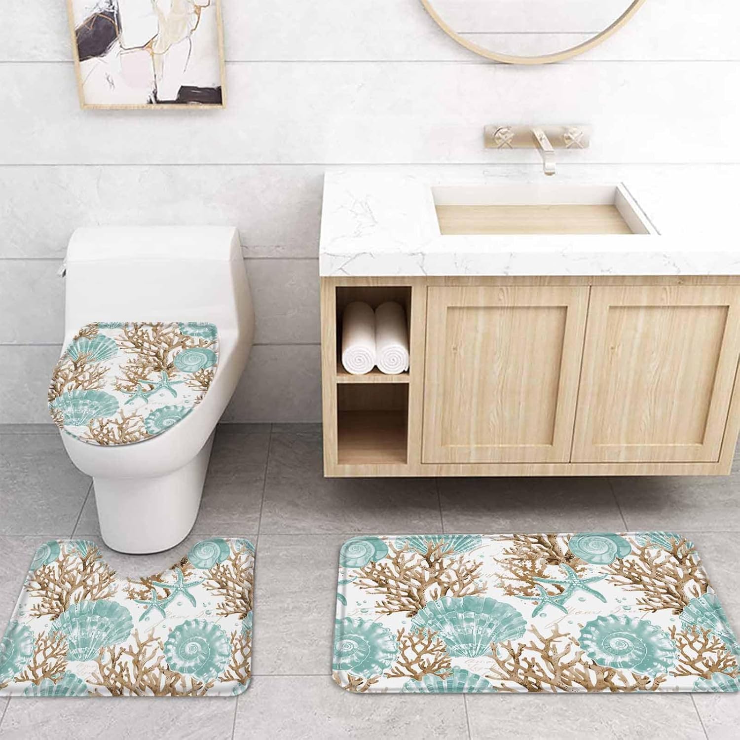 Turquoise Starfish Bathroom Set with Curtain Rug and Accessories