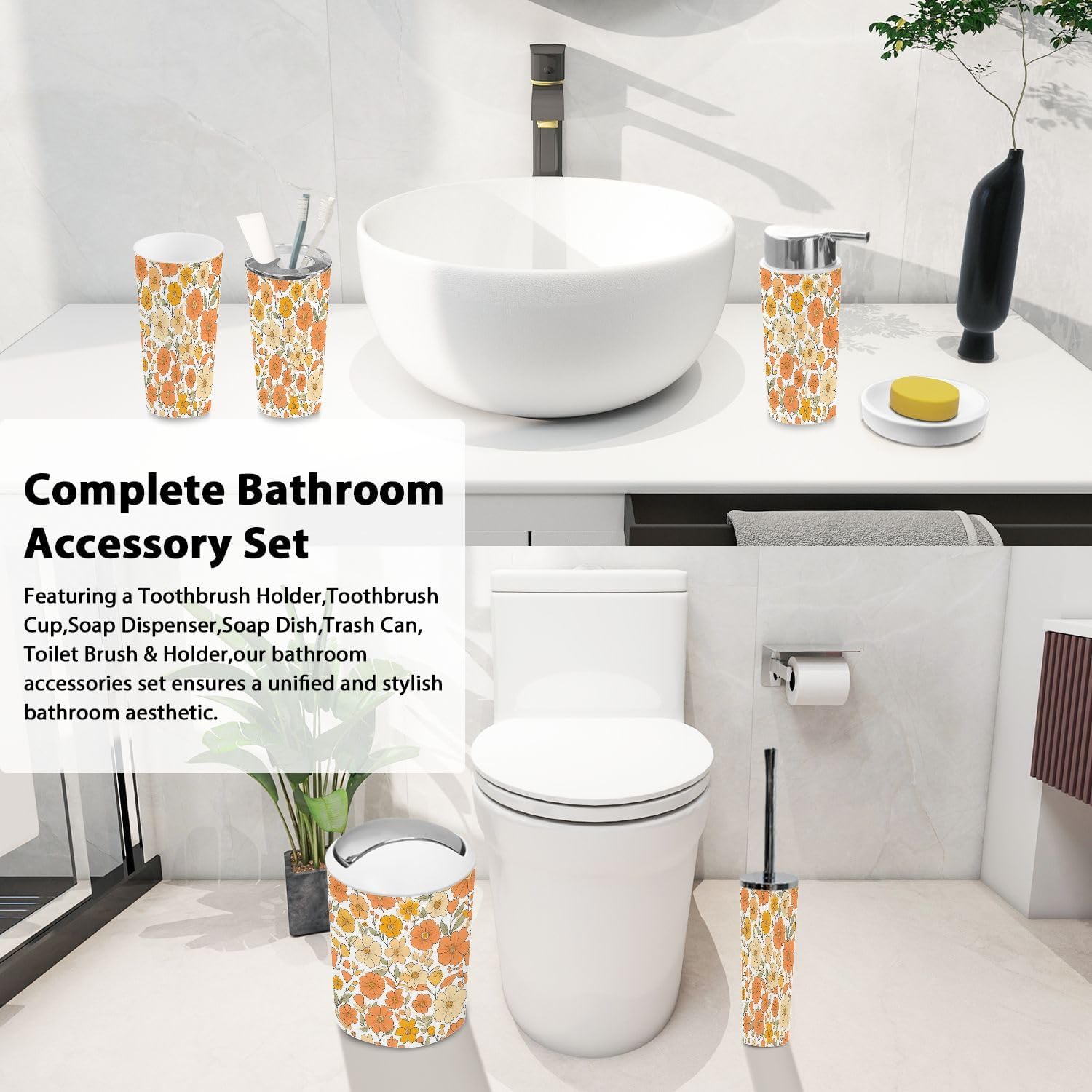 Boho Retro Floral Bathroom Accessories Set 6 Piece