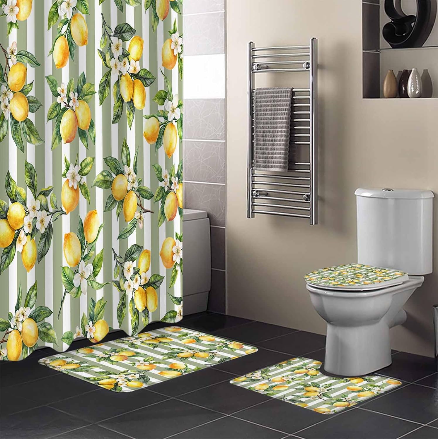 ZOE GARDEN Lemon Strope Bathroom Set with Curtain Rug and Accessories 1