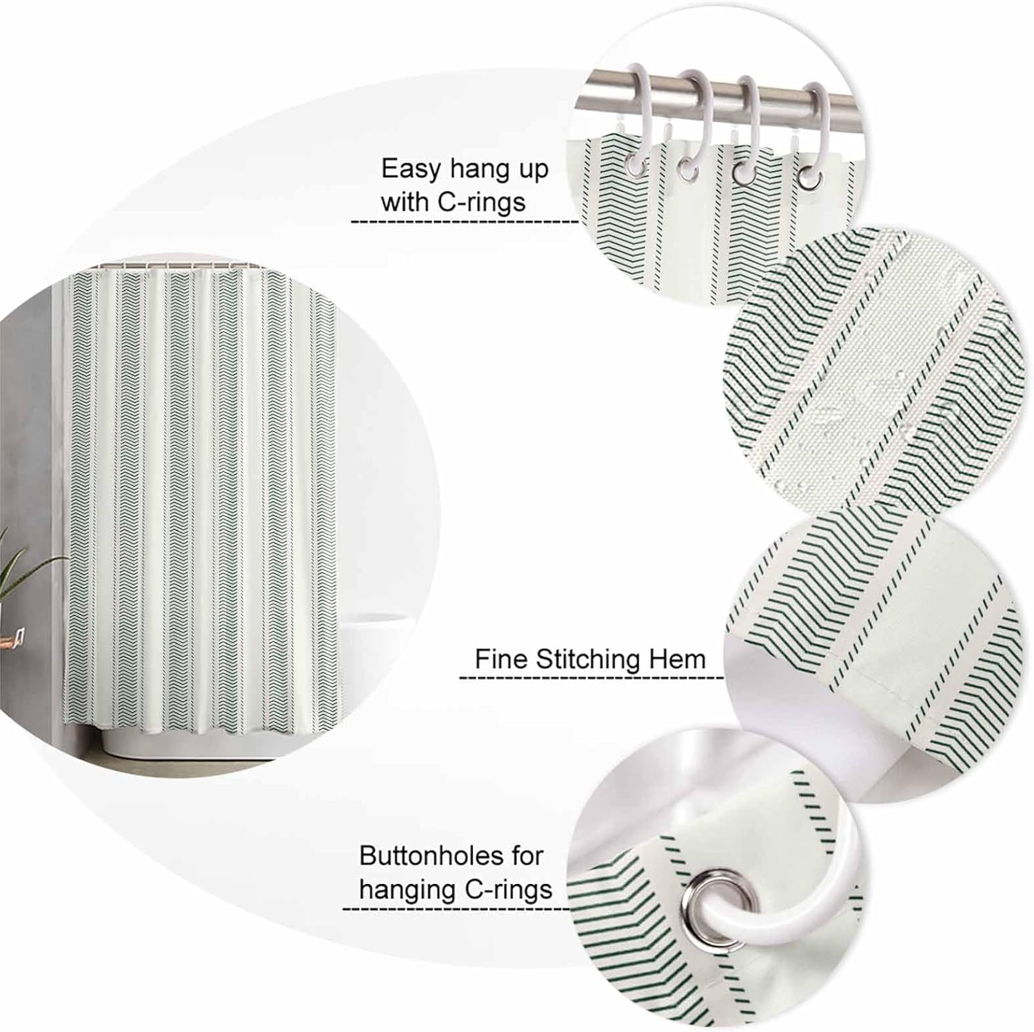 ZOE GARDEN Green Stripe Bathroom Set with Shower Curtain Rug and Accessories
