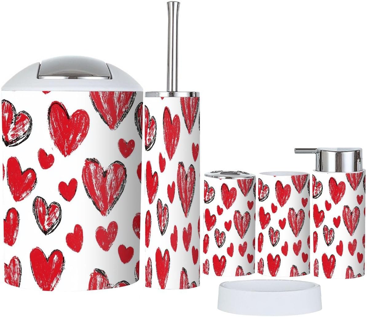 Boho Red Heart Bathroom Accessory Set 6 Piece