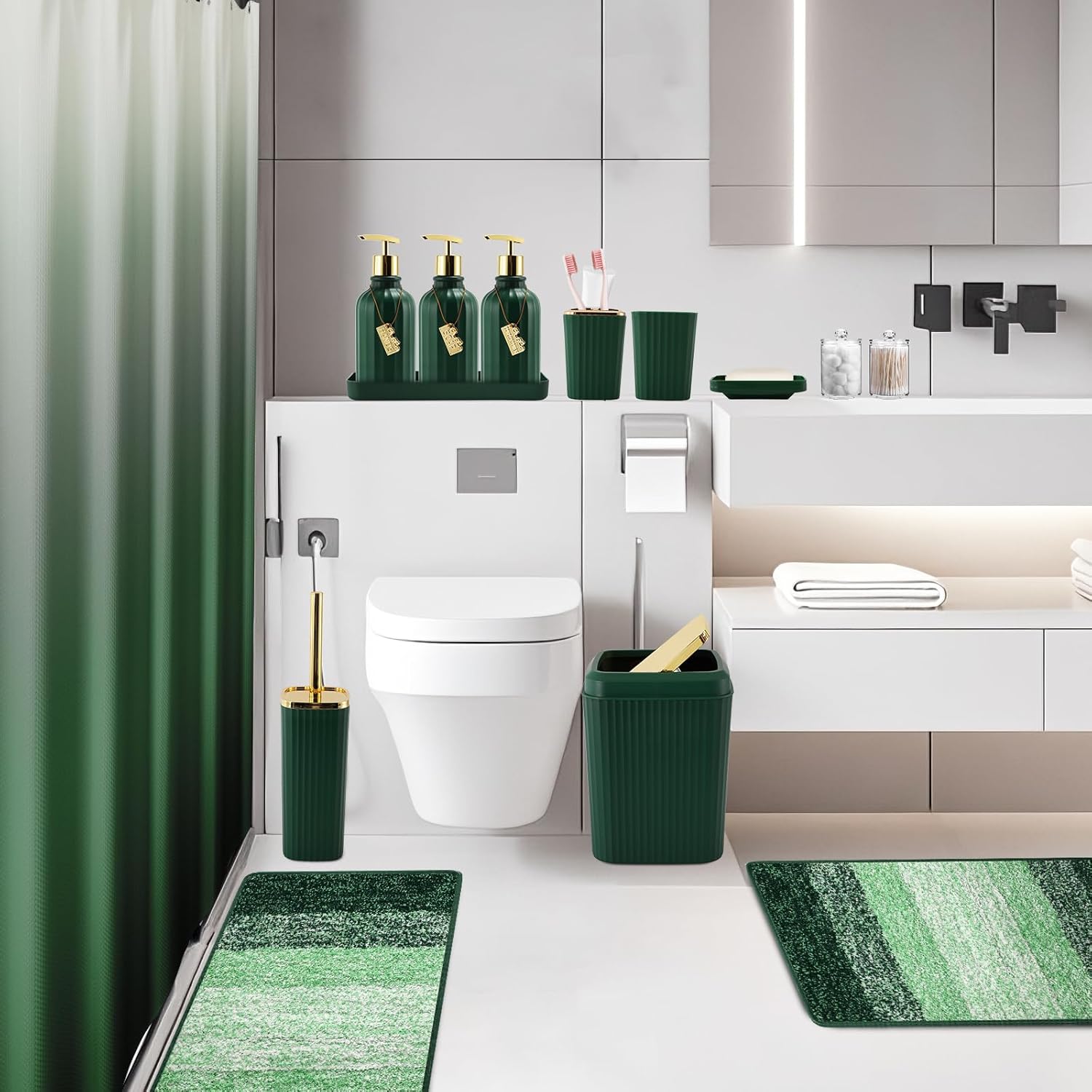 WSBArt 32PCS Bathroom Set with Hunter Green Shower Curtain and Rugs