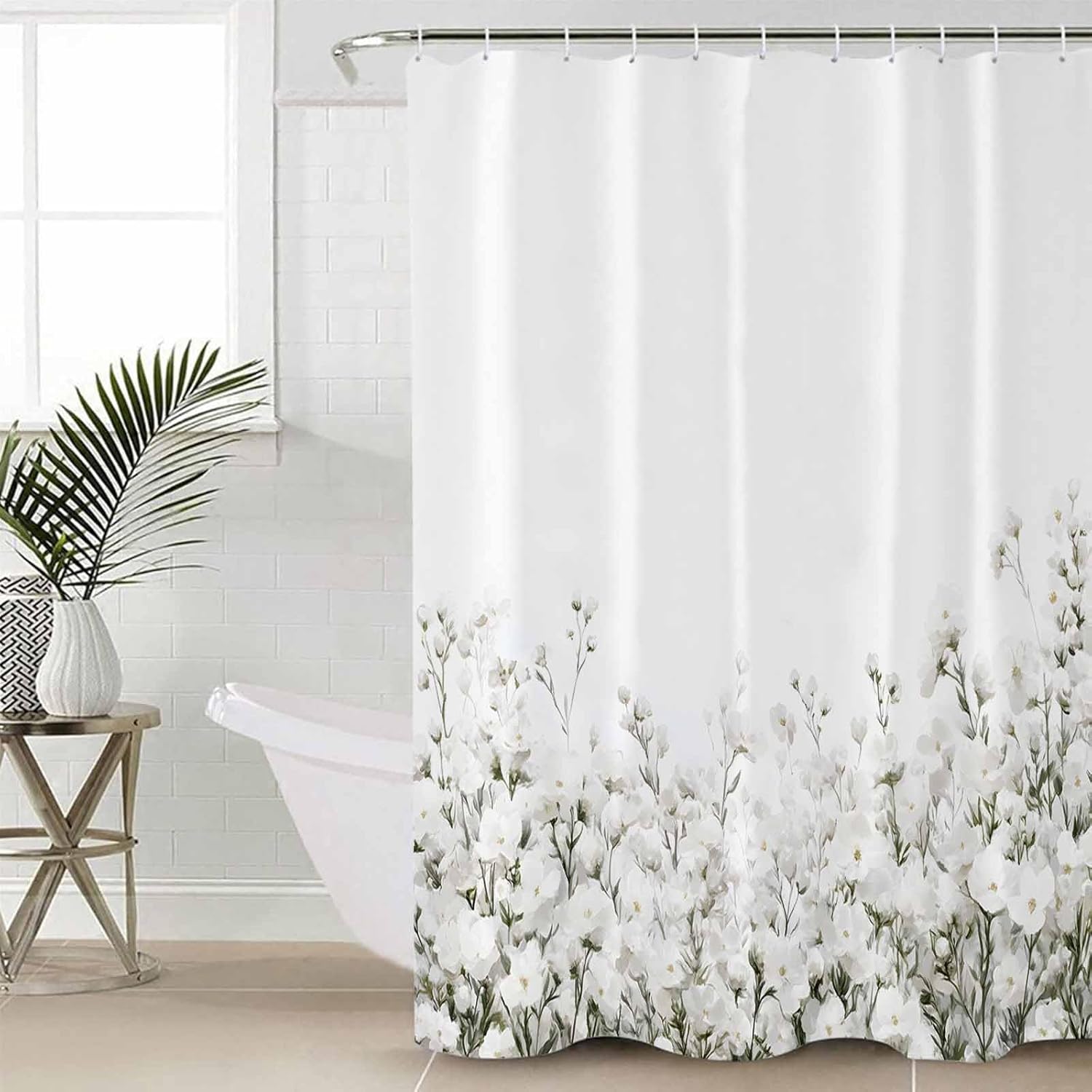 ZOE GARDEN White Floral Bath Set with Curtain Rug and Accessories