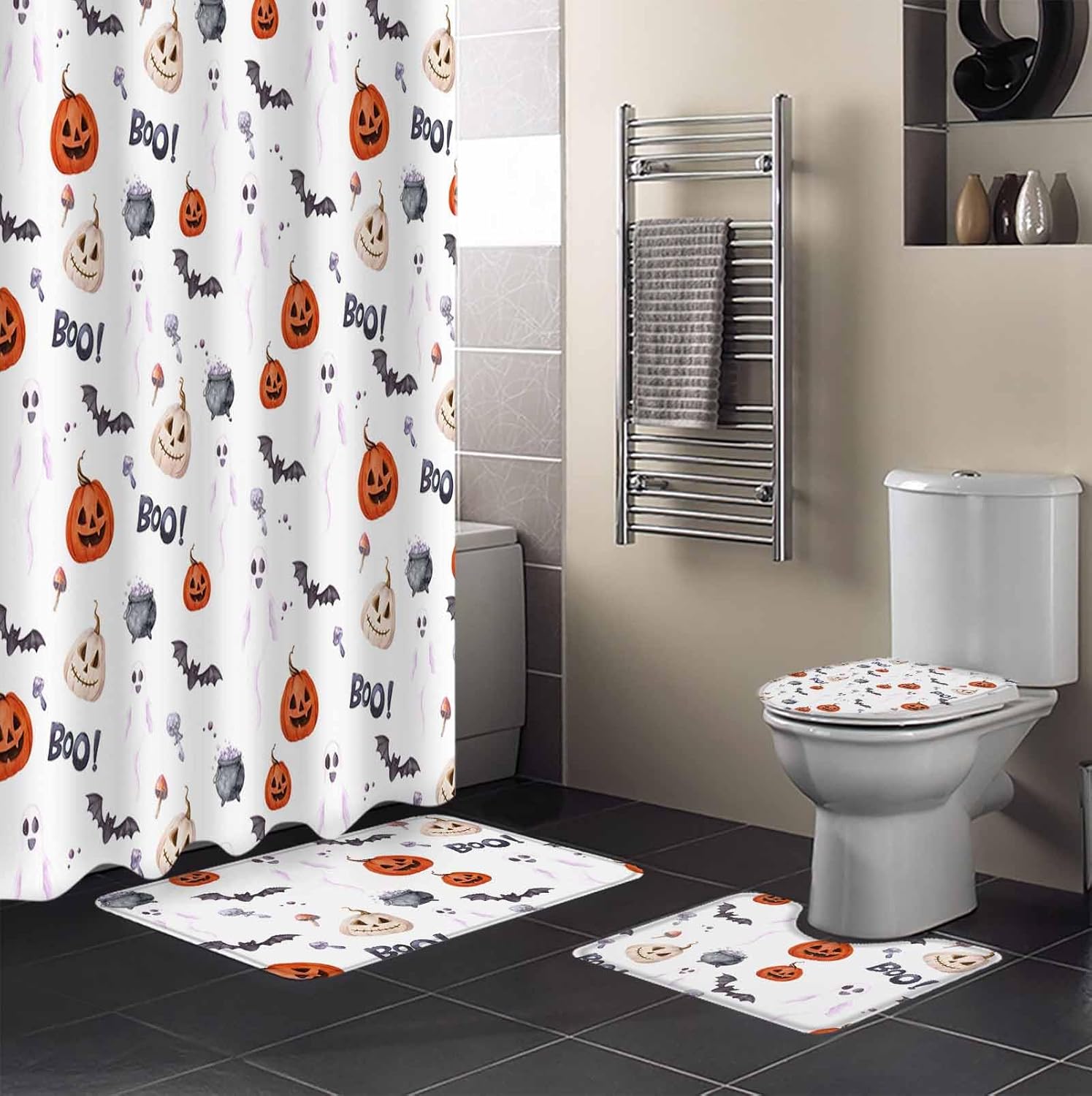 Halloween Bath Set with Curtain Rug and Hooks - 72x72 Inches