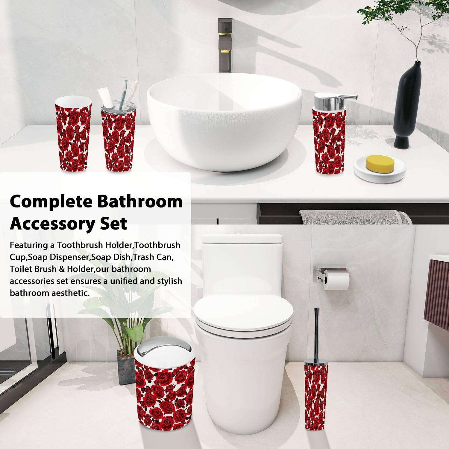 Boho Rose Flower Bathroom Accessory Set 6 Piece