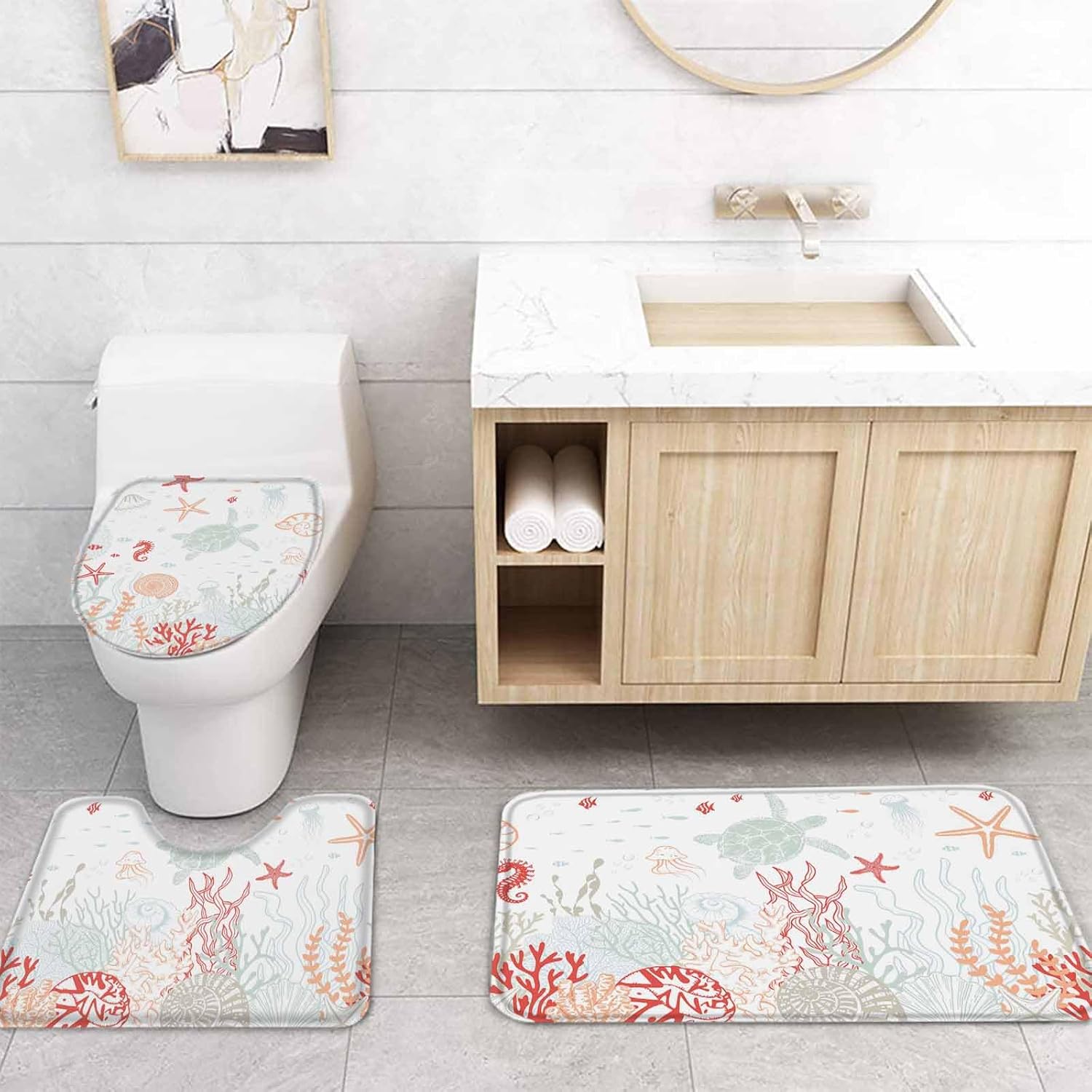 Coastal Turtle Bathroom Set with Shower Curtain Rug and Accessories