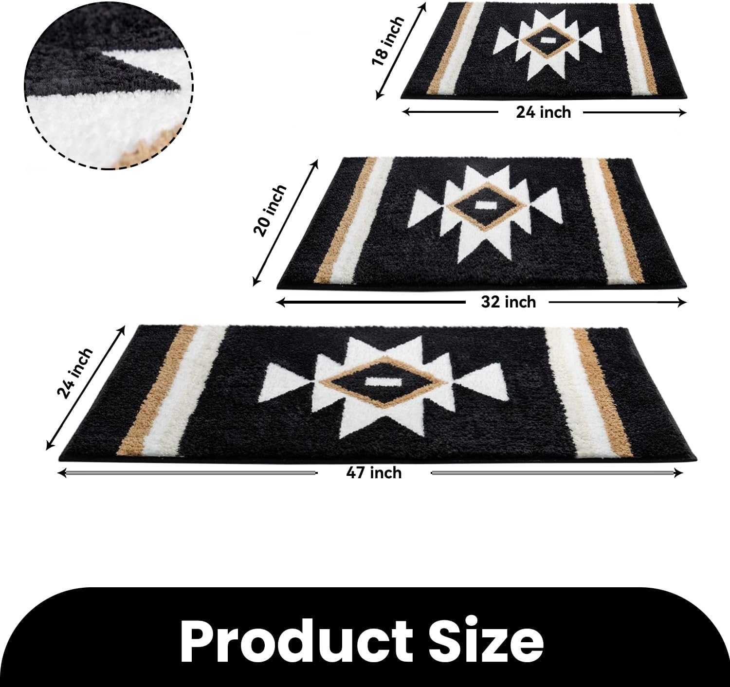 TANVILL Boho Bath Mat Non Slip Black Aztec Design