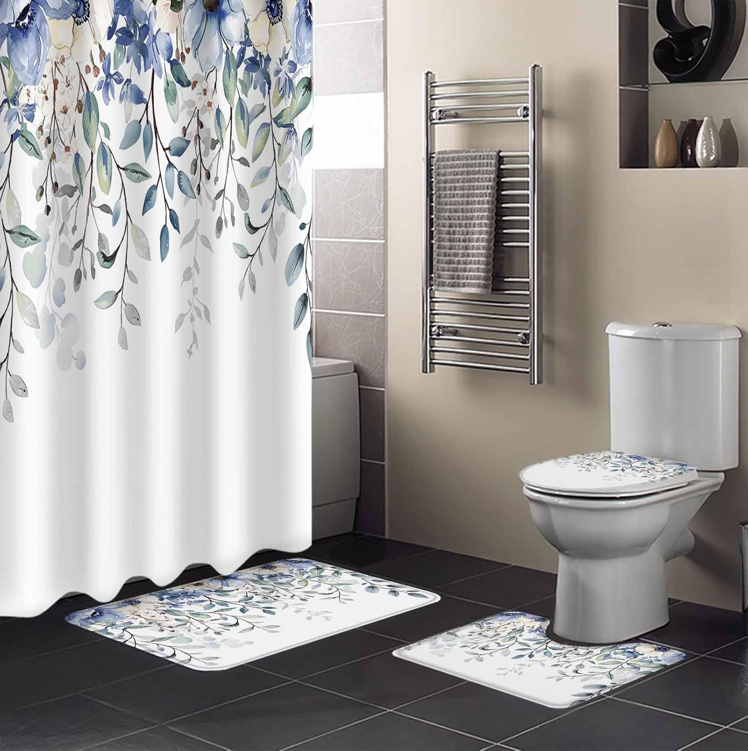 ZOE GARDEN Blue Eucalyptus Bathroom Set with Curtain Rug and Accessories