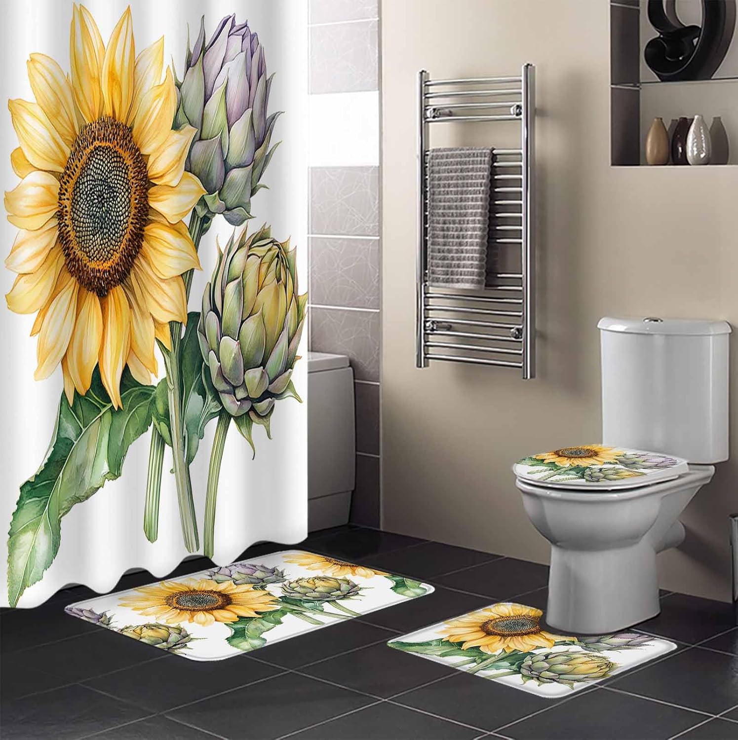ZOE GARDEN Sunflower Bathroom Set with Curtain and Rug