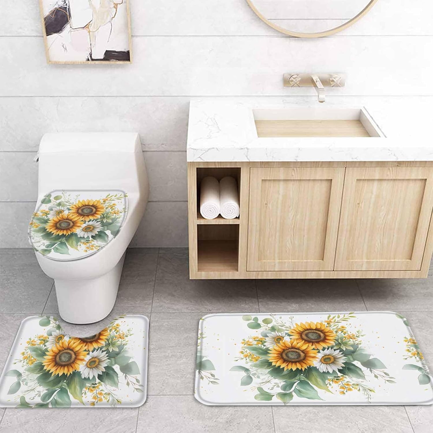 ZOE GARDEN Sunflower Bathroom Set with Curtain Rug and Hooks - 66x72 Inches