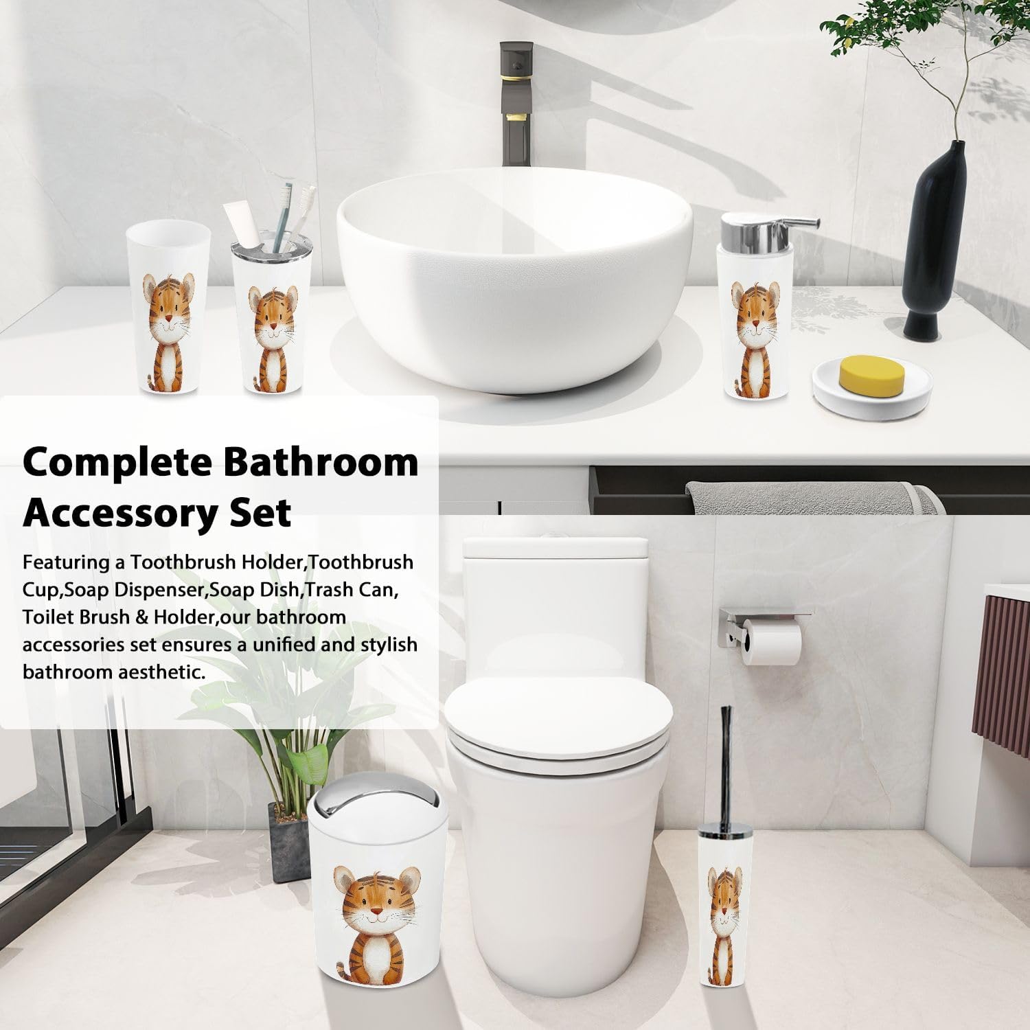 Boho Cute Tiger Bathroom Accessory Set 6 Piece 1
