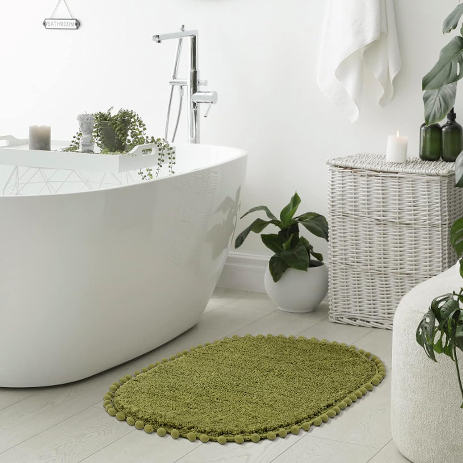 YIRDDEO Olive Green Pom Bath Rug for Bathroom