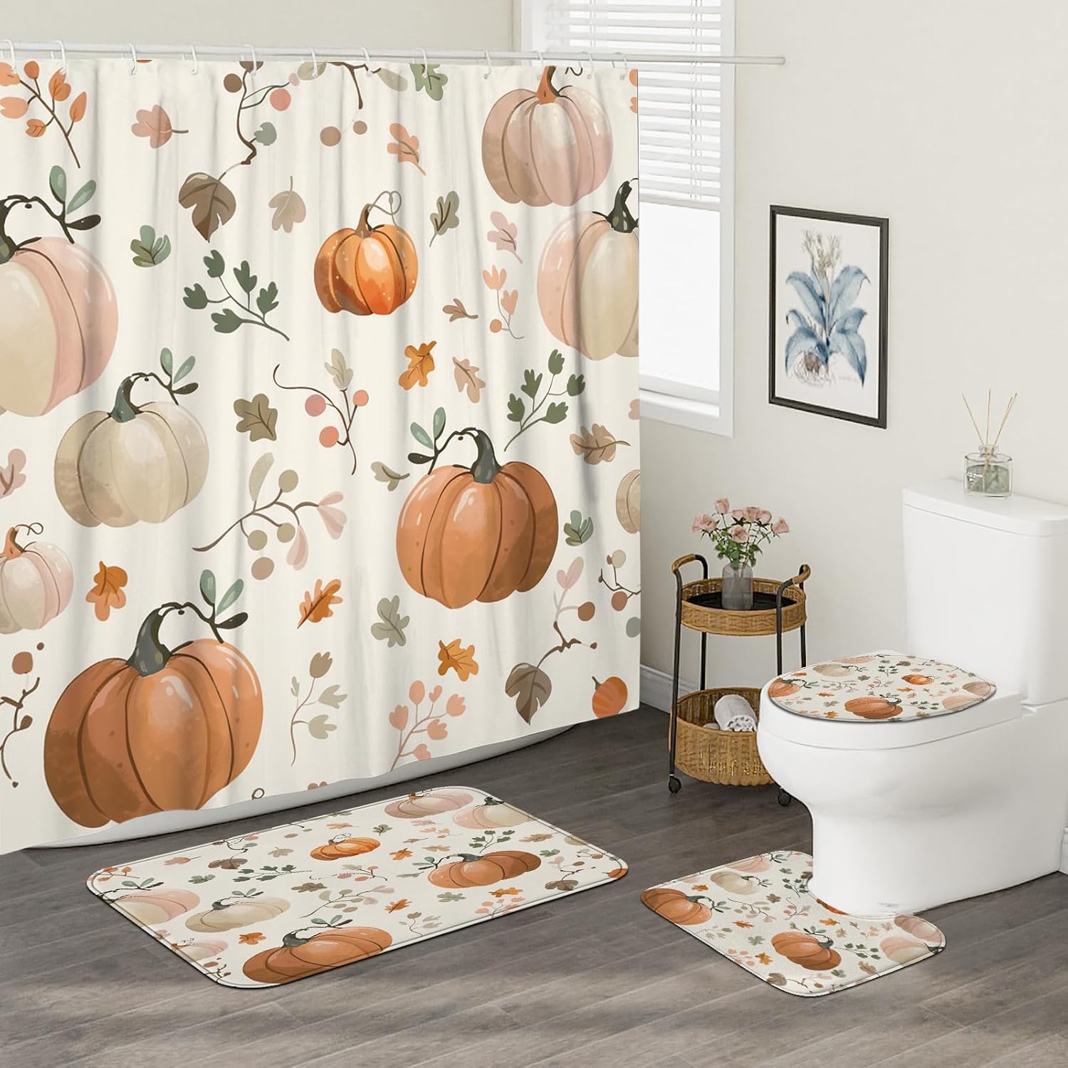 Fall Cream Pumpkin Shower Curtain Set with Non-Slip Rug and U Shape