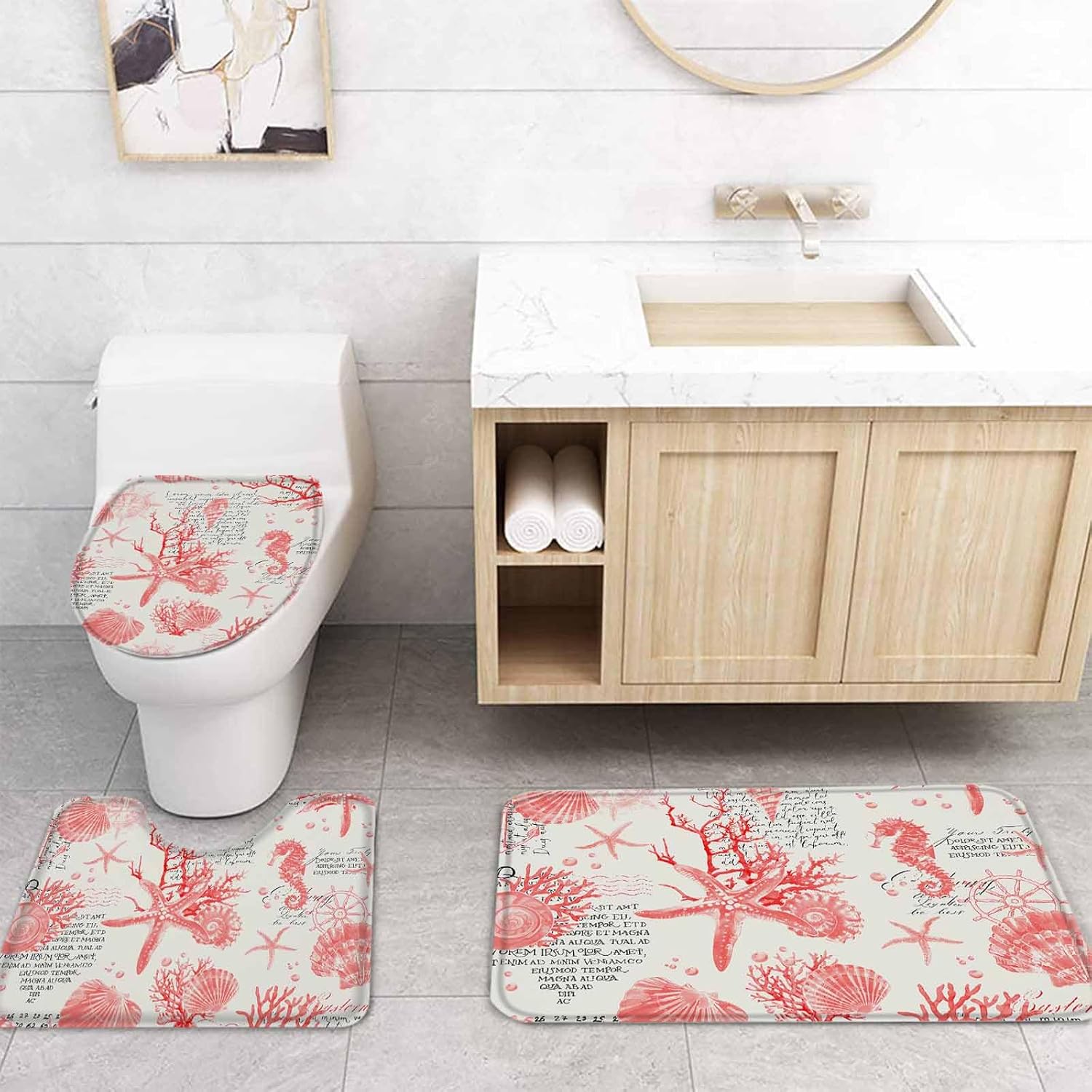ZOE GARDEN Red Coastal Bath Set with Curtain Rug and Accessories