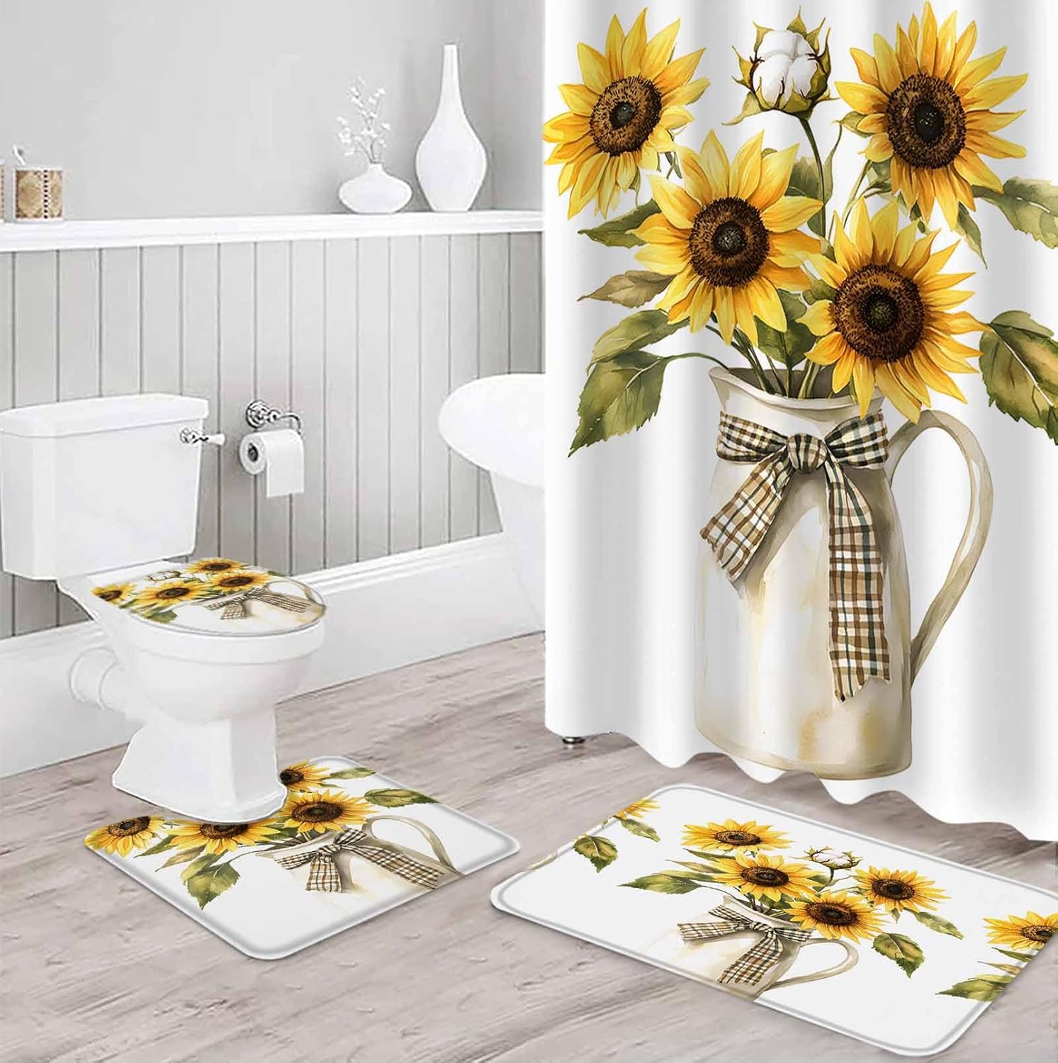 ZOE GARDEN Sunflower Bathroom Set with Curtain Rug and Hooks