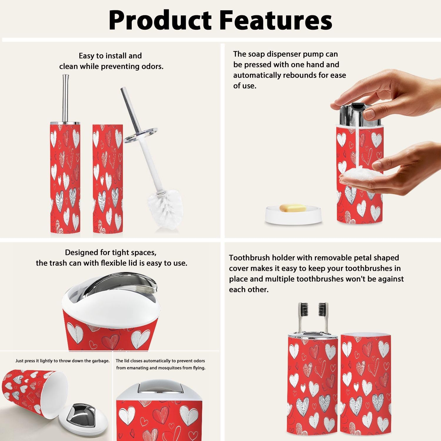 Boho Cute Hearts Bathroom Accessories Set 6 Piece
