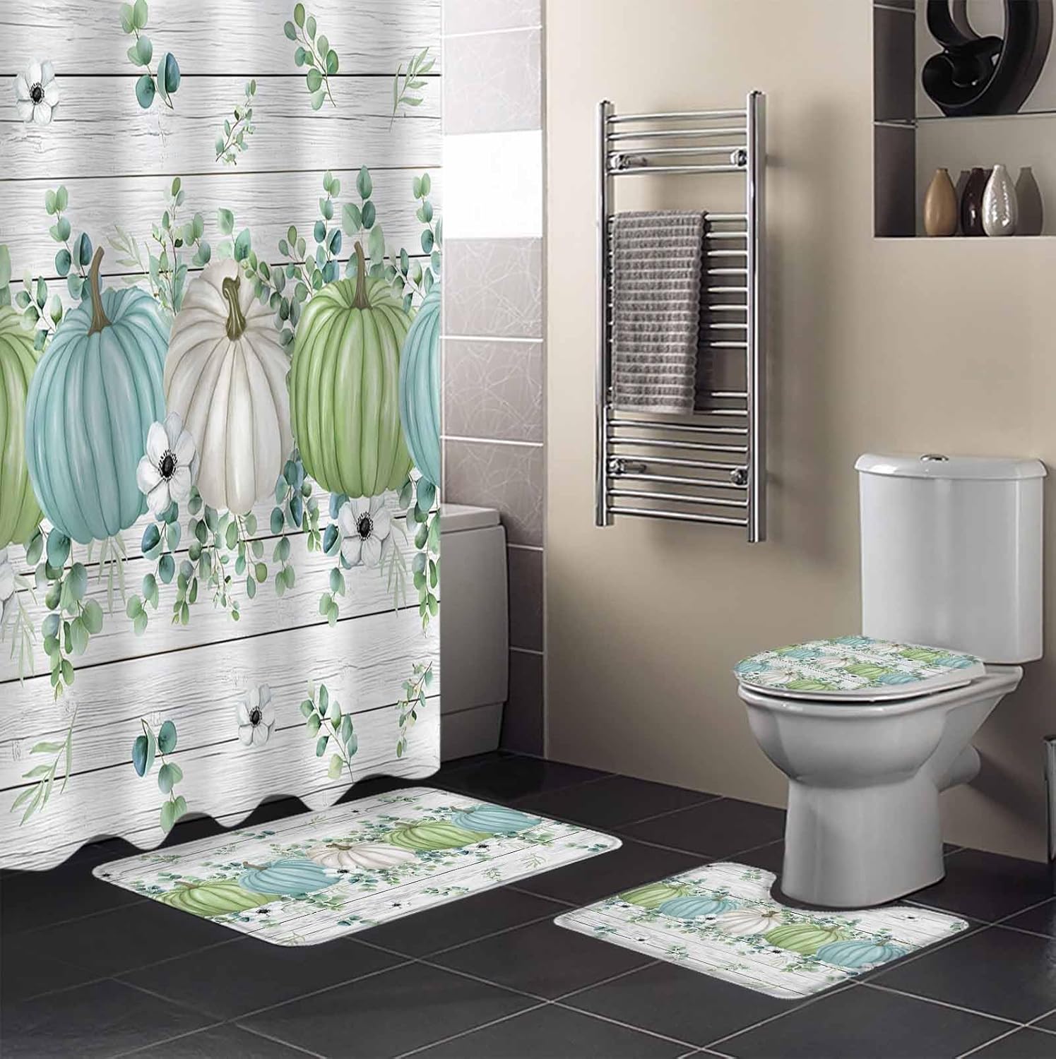 Thanksgiving Fall Bathroom Set with Shower Curtain Rug and Hooks