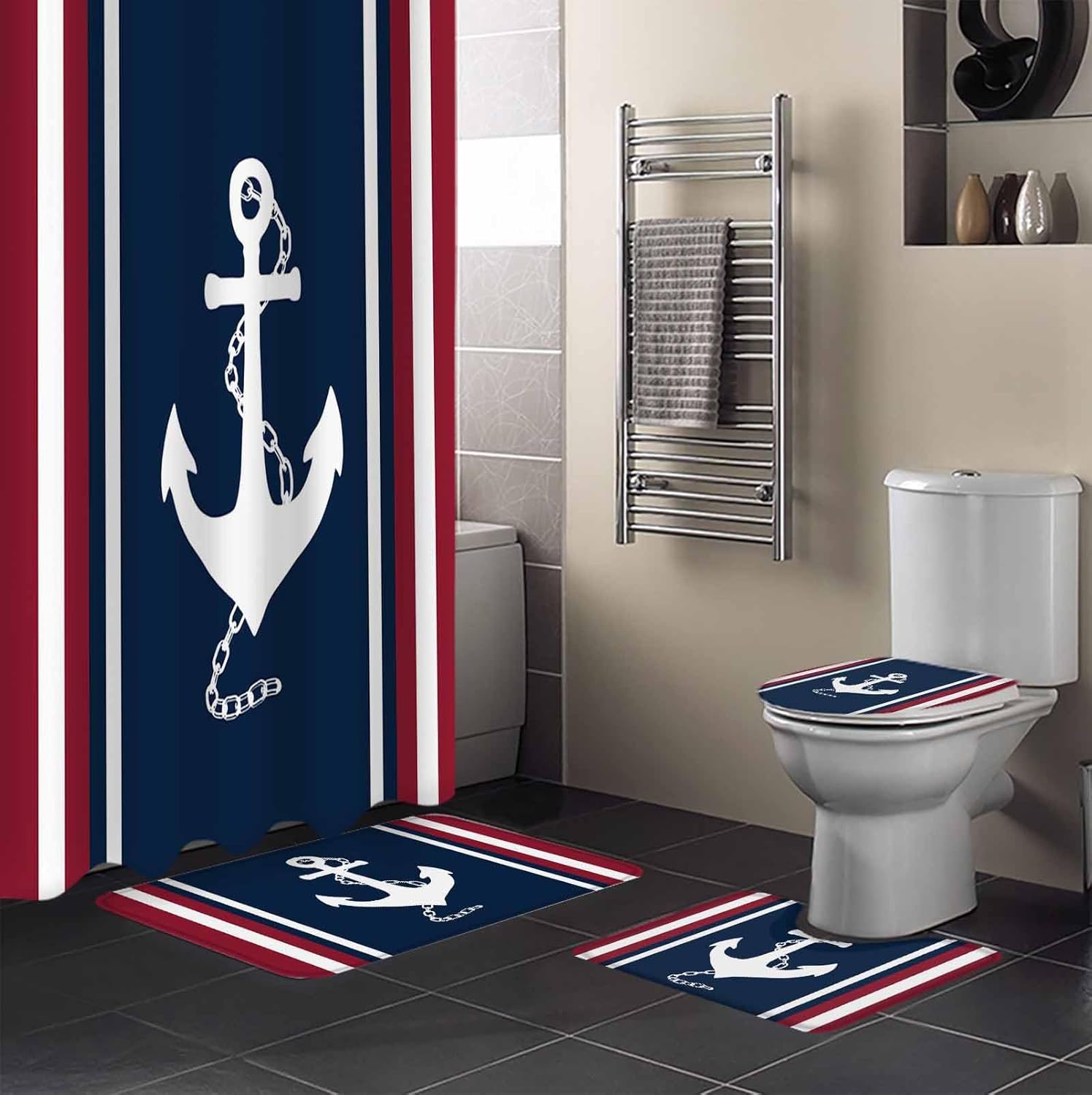Nautical Anchor Bathroom Set with Curtain Rug and Hooks