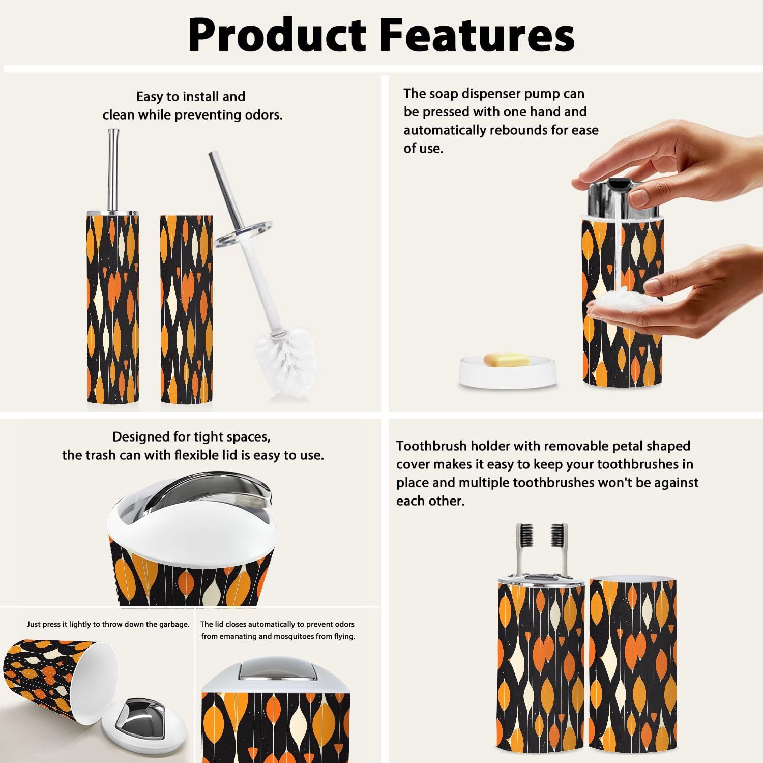 Boho Black Orange Geometric Bathroom Accessory Set 6 Piece