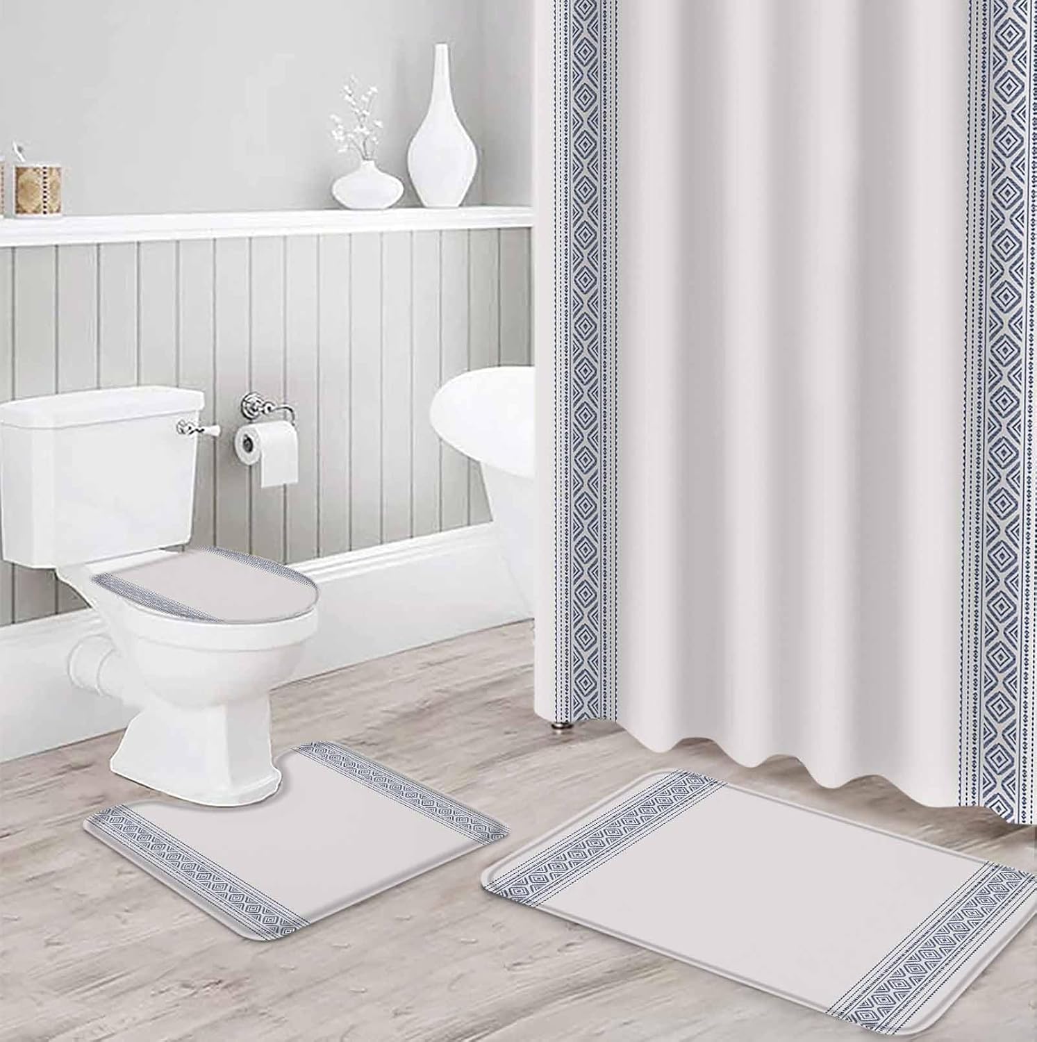 ZOE GARDEN Blue Striped Bathroom Set with Rug and Accessories