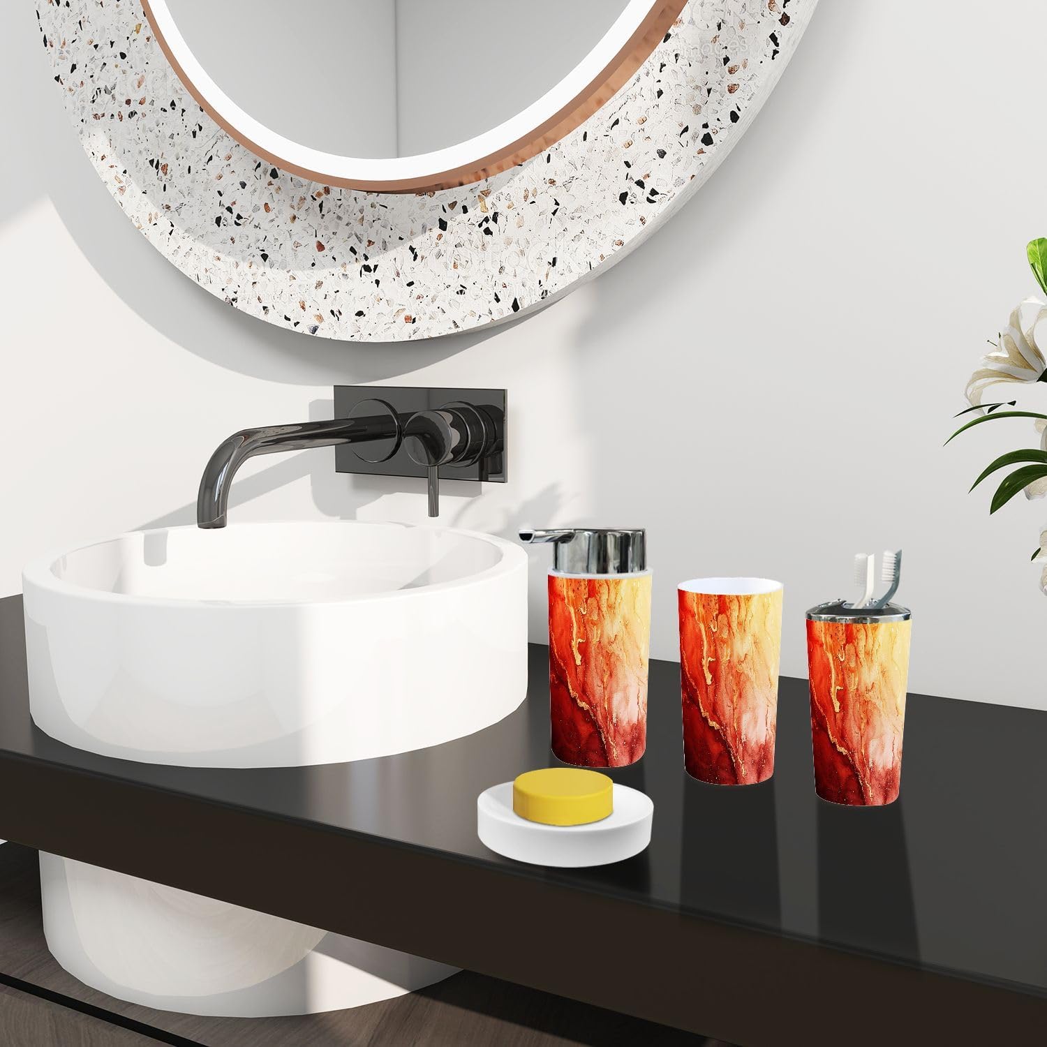 Boho Bathroom 6 Piece Marble Texture Trash Can Set