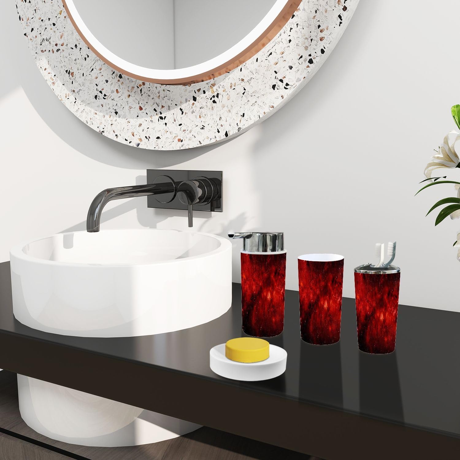 Boho Dark Red Bathroom Accessory Set 6 Piece 1