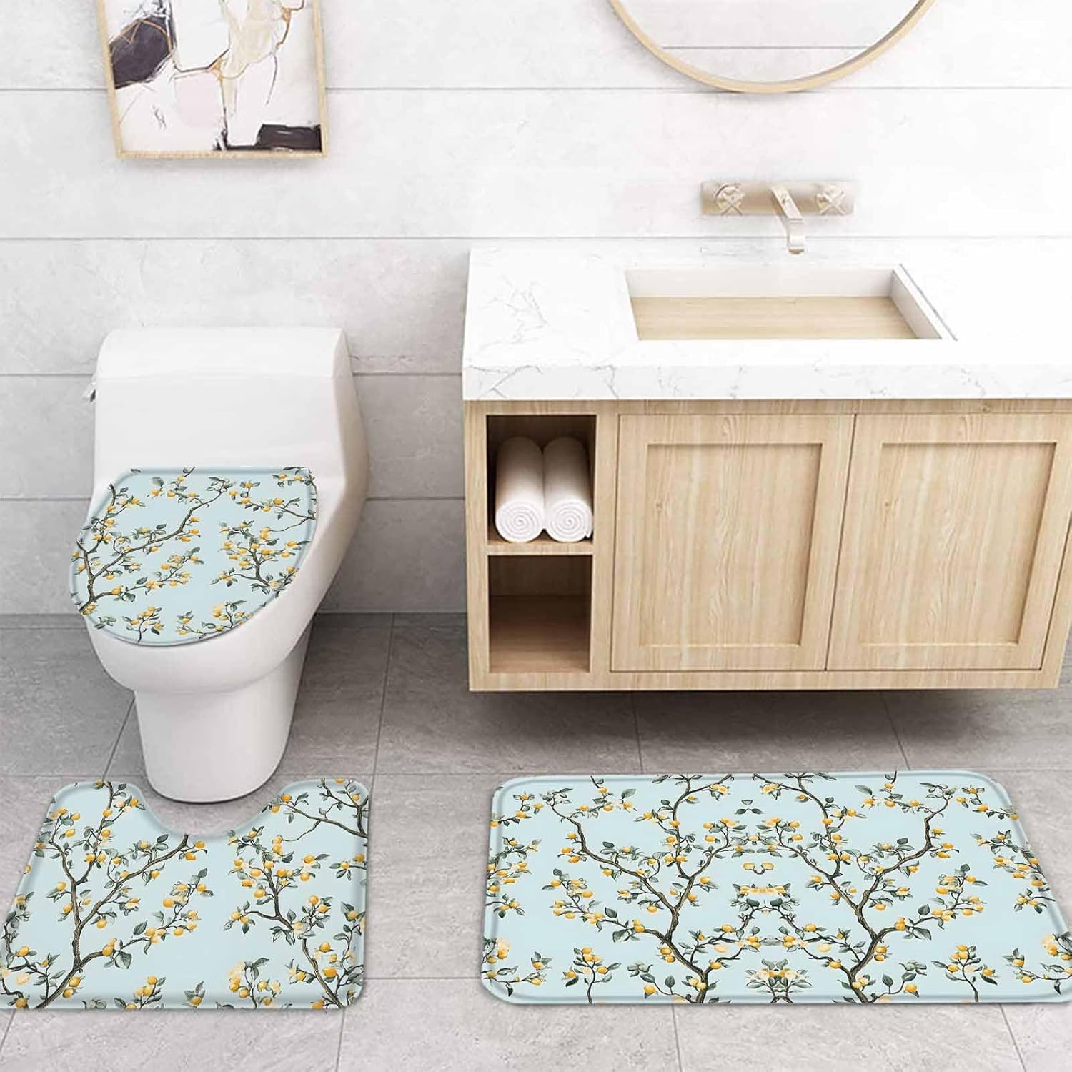 ZOE GARDEN Yellow Lemon Bathroom Set with Curtain Mat and Accessories