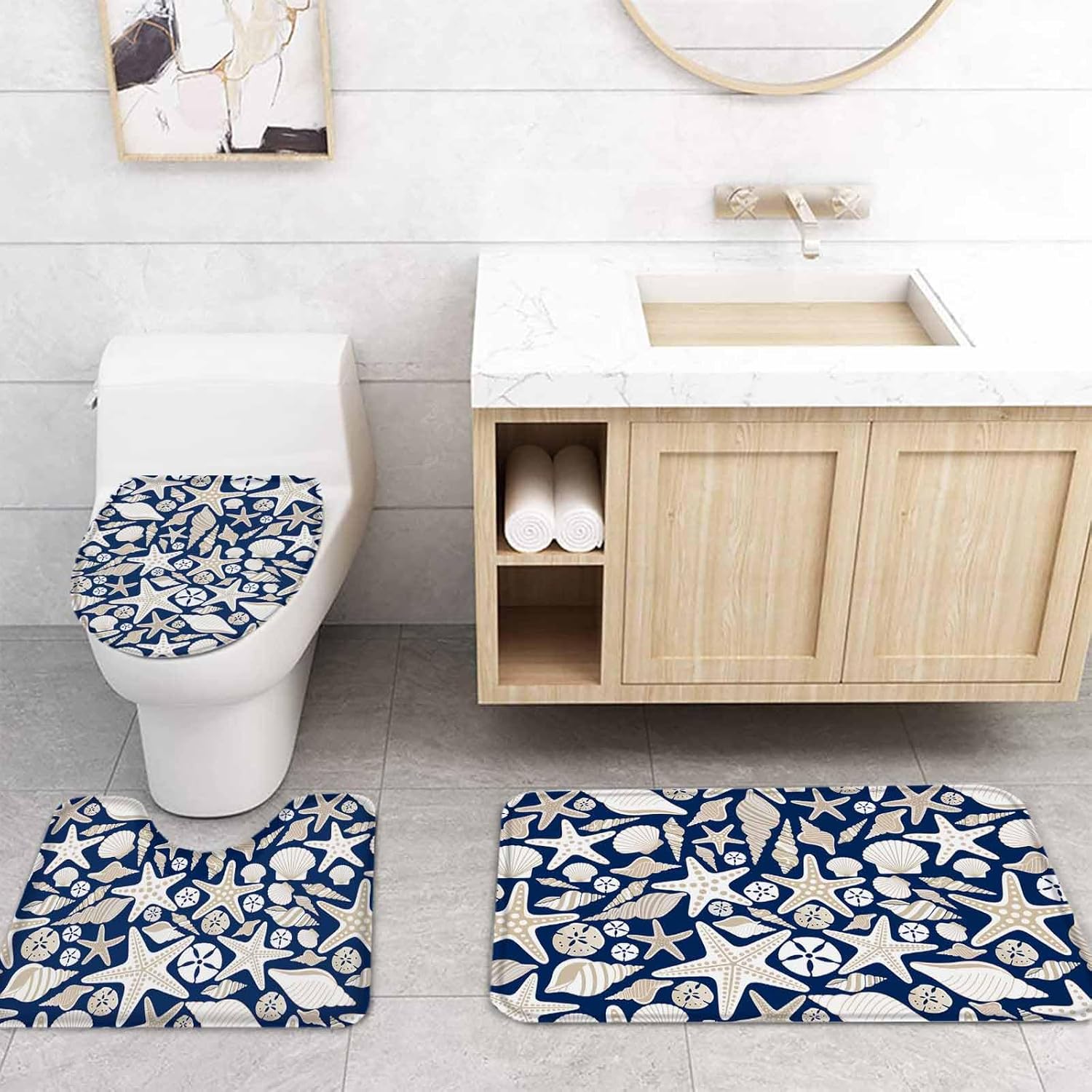 Navy Blue Ocean Bathroom Set with Rug and Accessories