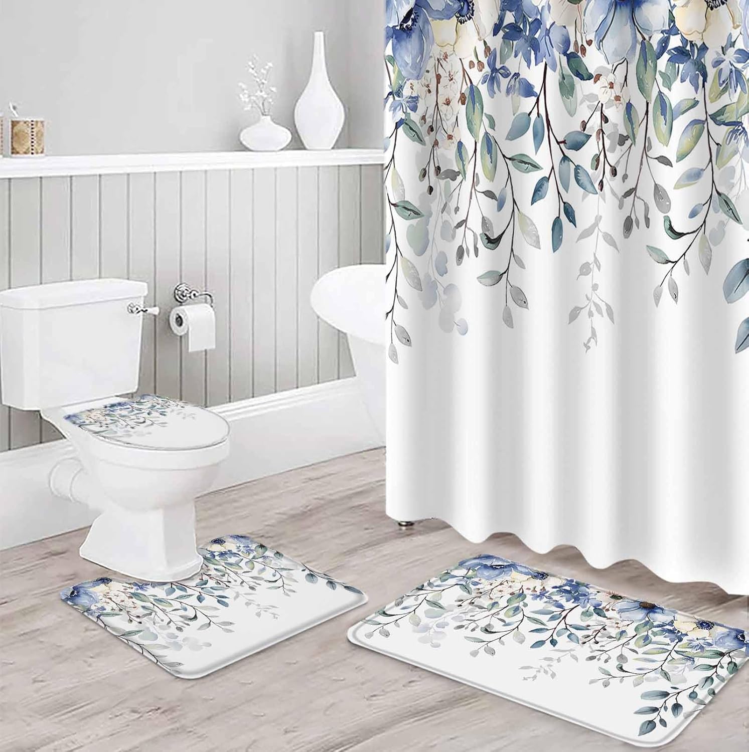 ZOE GARDEN Blue Eucalyptus Bathroom Set with Curtain Rug and Accessories
