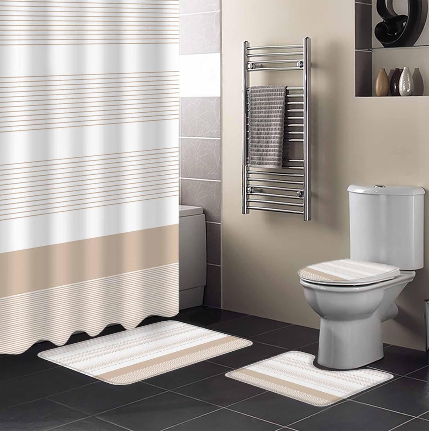 ZOE GARDEN Brown Stripe Bathroom Set with Curtain Rug and Accessories