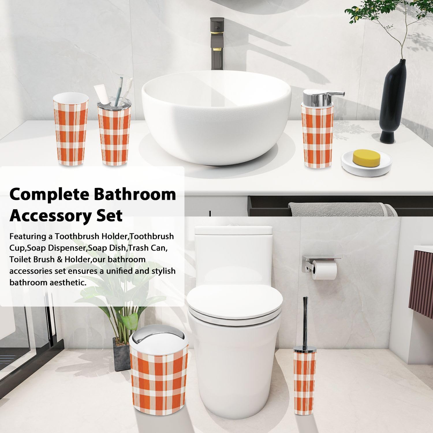 Boho Orange Plaid Bathroom Accessory Set 6 Piece