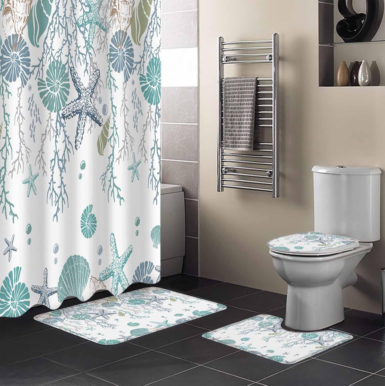Coastal Bathroom Set with Rug and Hooks - 72x72 Inches