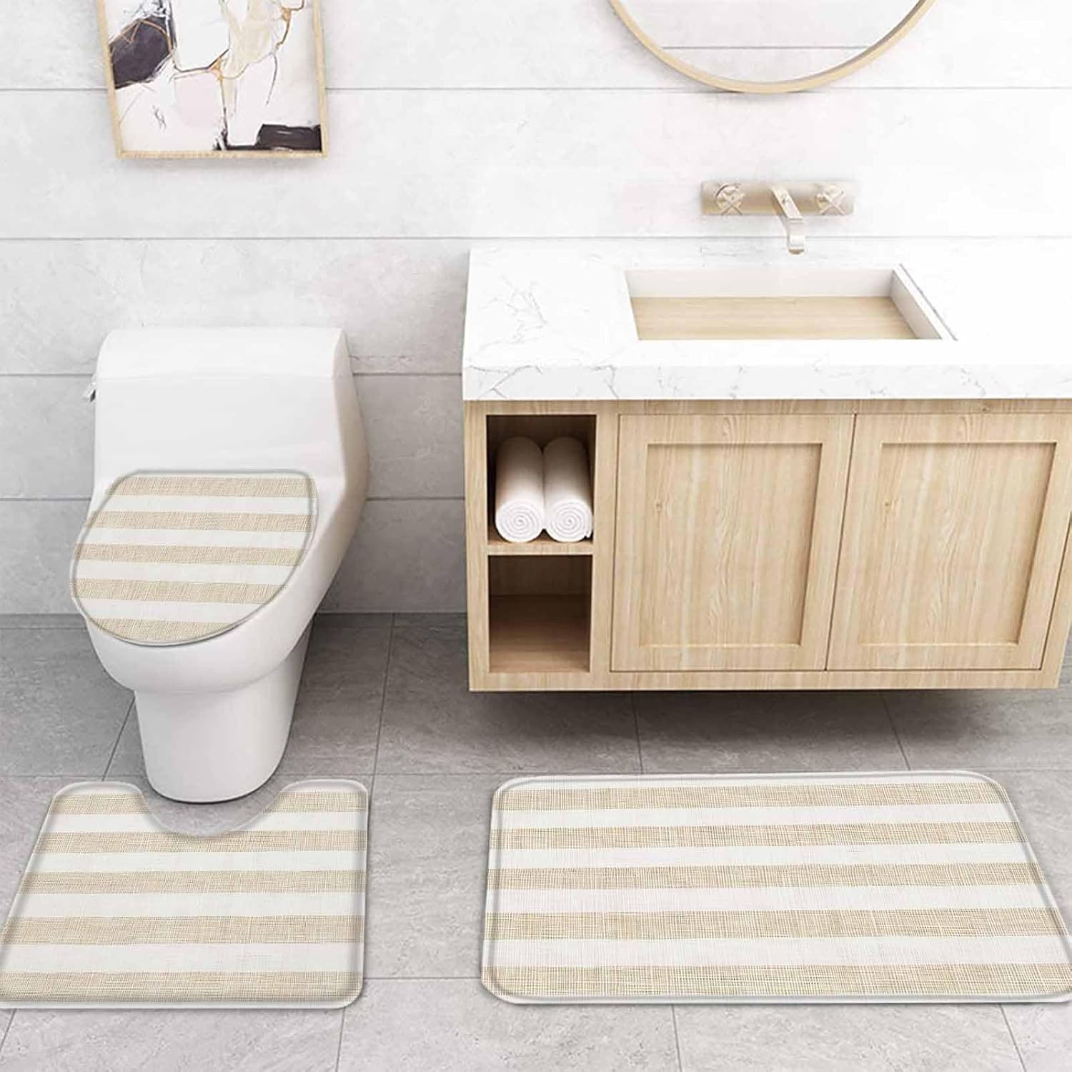 ZOE GARDEN Beige Stripe Bathroom Set with Shower Curtain and Rug